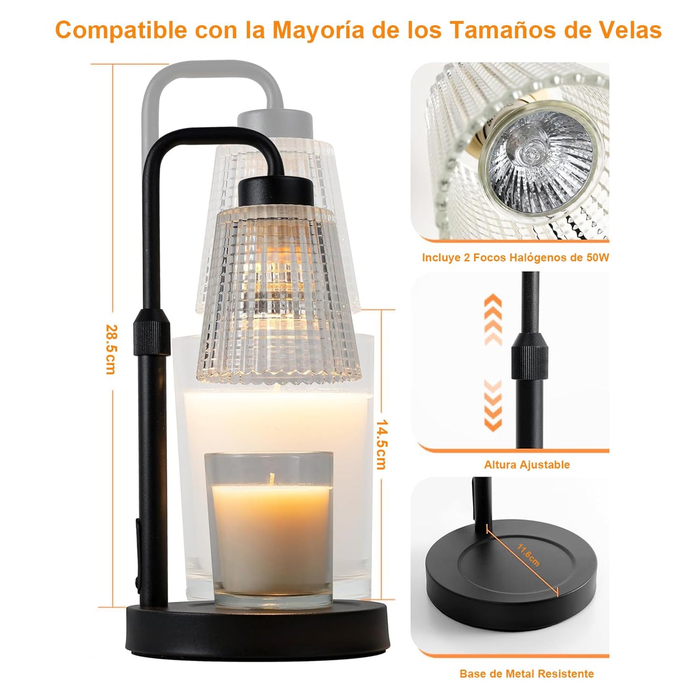 Lámpara para Velas Aromáticas con Temporizador y Regulación de Brillo, Altura Ajustable, Regalo para Nuevo Hogar, Decoración de Habitación, Lámpara Calentadora de Velas con 2 Bombillas