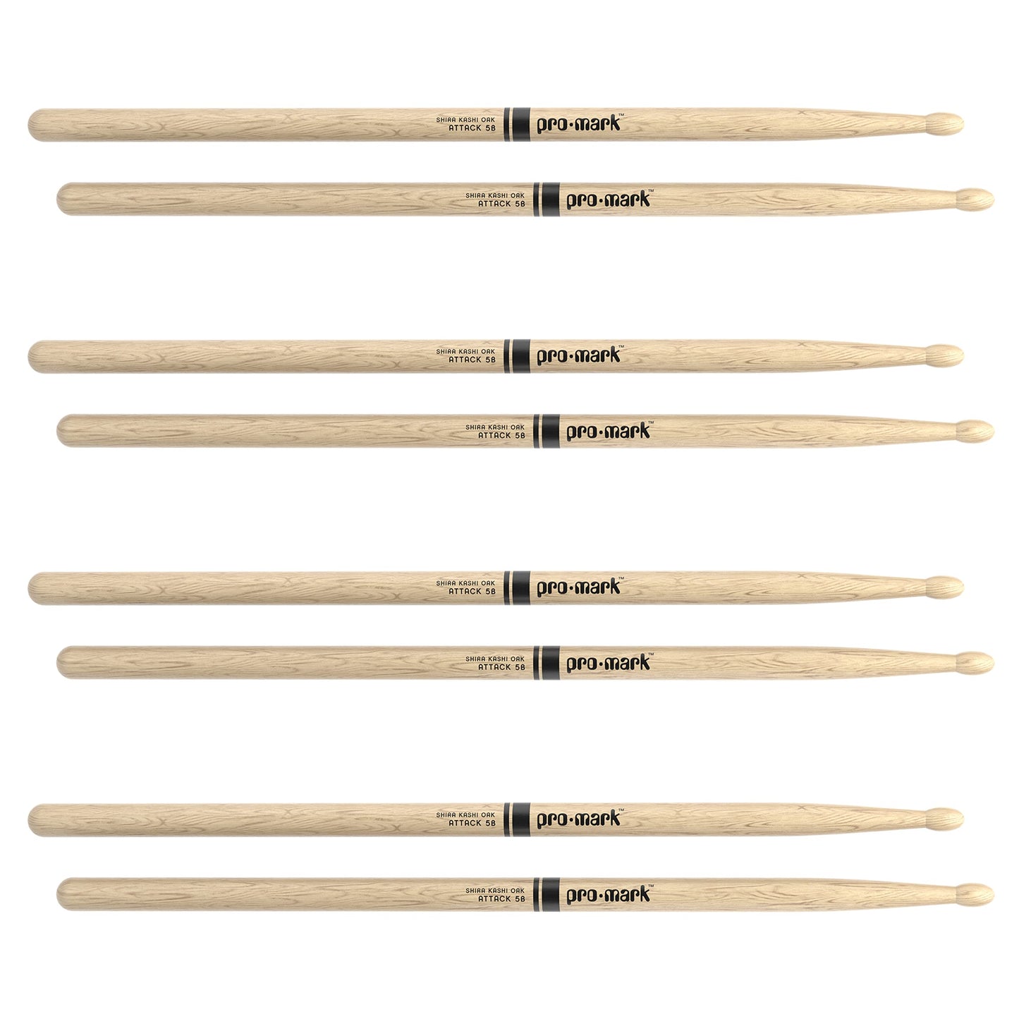 ProMark | Baquetas Classic Attack 5B Shira Kashi Roble, punta de madera ovalada, 4 pares