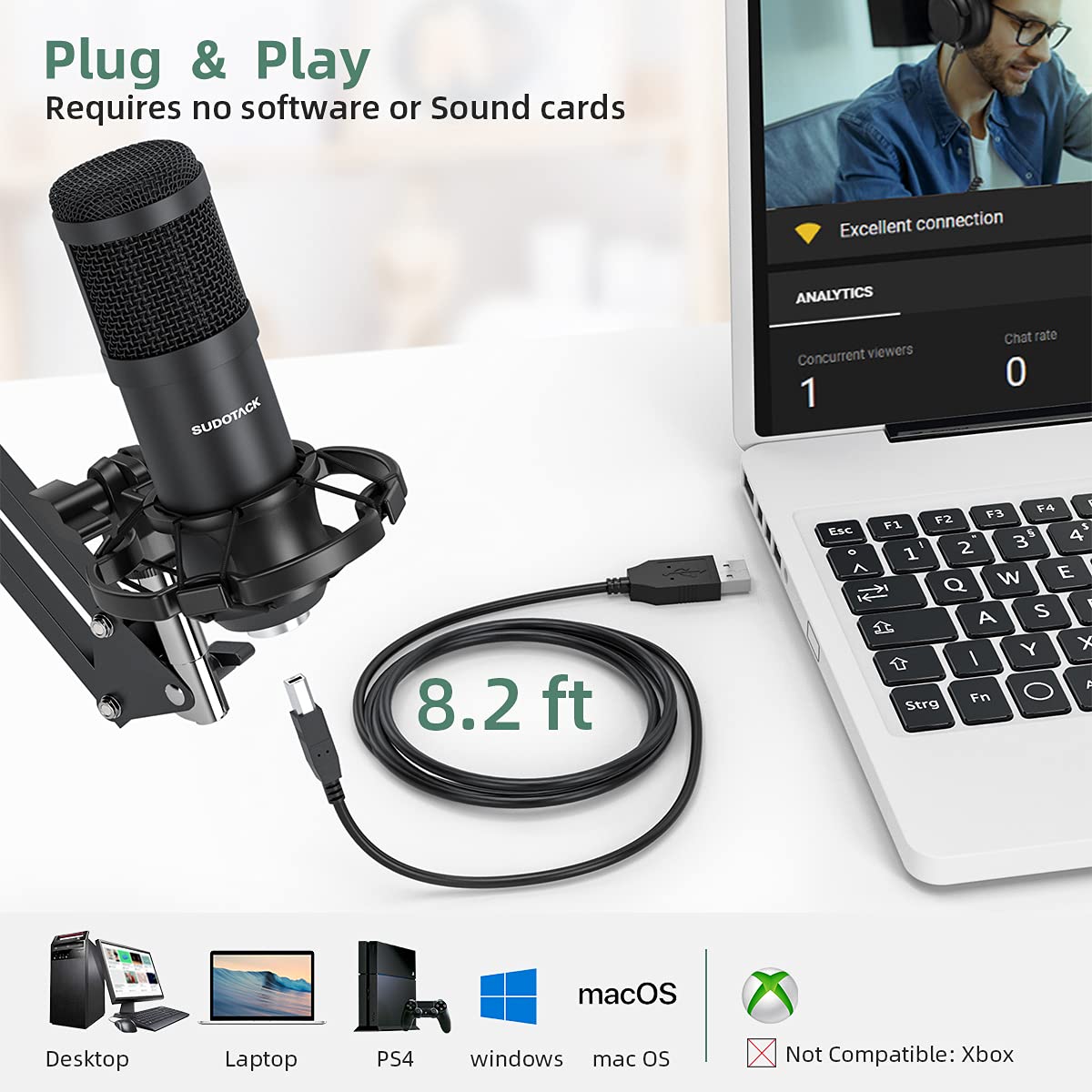 Micrófono USB Sudotack Negro Kit Condensador Cardioide con Tarjeta de Sonido y Brazo de Pluma para Podcast