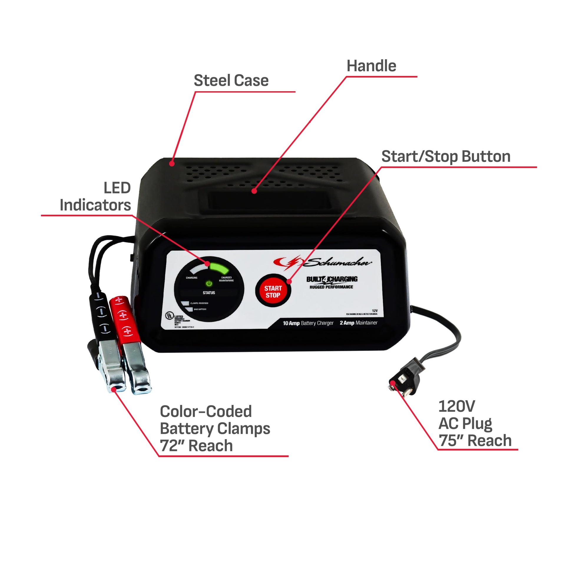 Schumacher Electric SC1282 Cargador de batería y mantenedor completamente automático para motocicletas, deportes de potencia, tractores de césped, coches, SUV y barcos, 10 amperios, 12 voltios, negro,