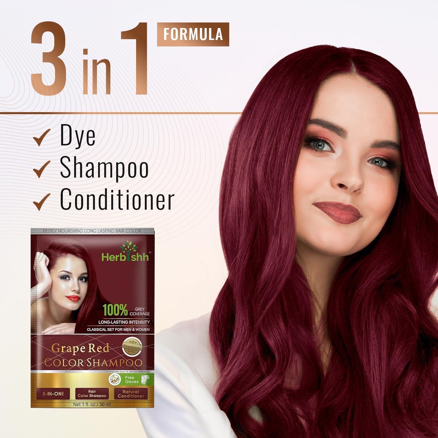 Herbishh Hair Color Shampoo for Gray Hair– Hair Dye Shampoo with Argan Hair Mask–Tamaño de viaje-Tiñe el cabello en minutos–Color de larga duración–10pack+1pack (Grape Red)