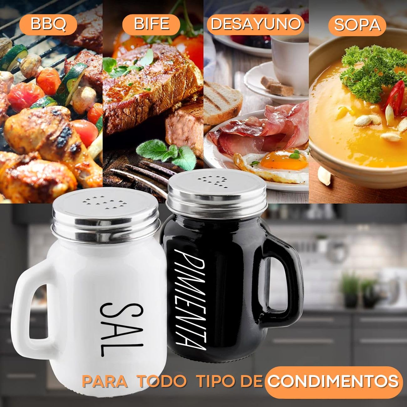 Juego de Salero y Pimentero U Chef blanco y negro Vidrio con Tapas de Acero Inoxidable para Cocina y Bodas