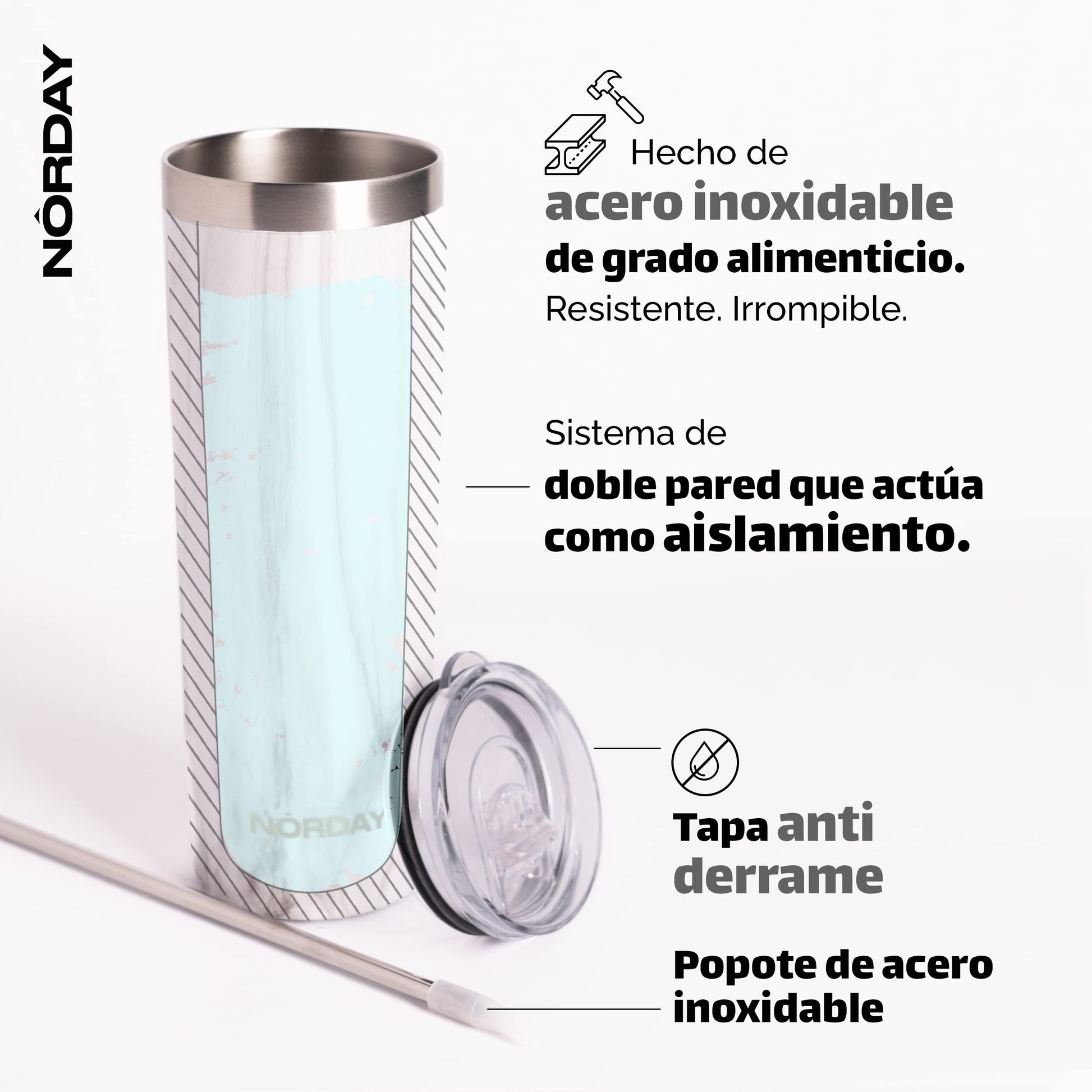 Vaso Térmico Norday Blanco Mármol de 660 ml Doble Pared Antiderrame 24hs para Mujer y Hombre
