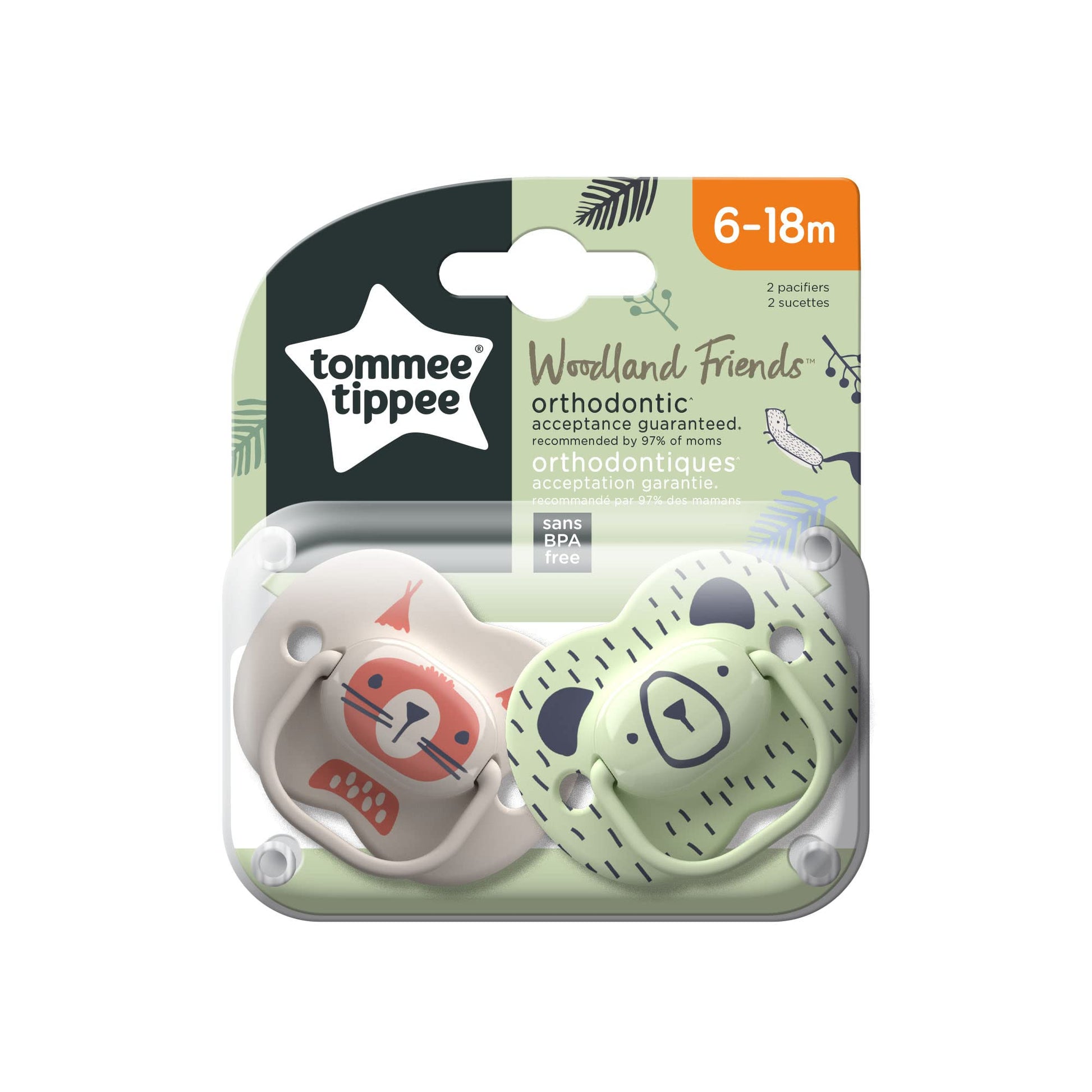 Chupetes Tommee Tippee Woodland Friends diseño simétrico silicona sin BPA 6-18 m 2 unidades