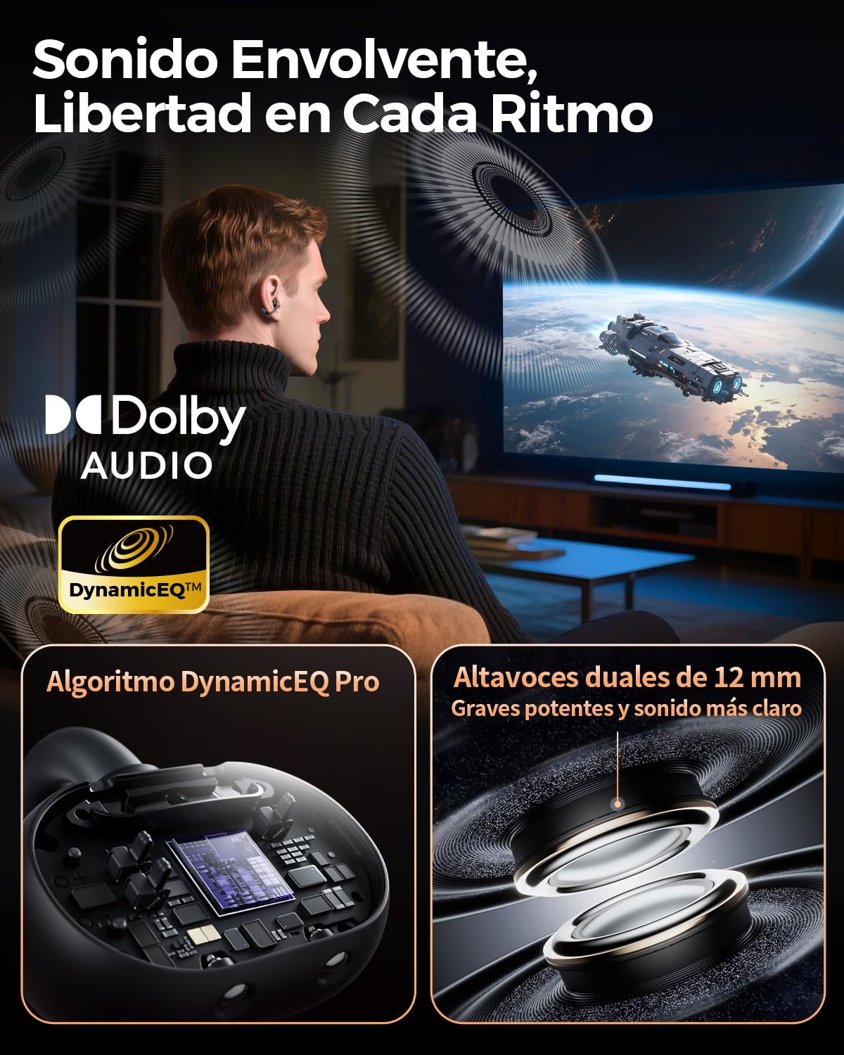 Audífonos Inalámbricos SoundPEATS Open Ear Bluetooth 6.0 Negro