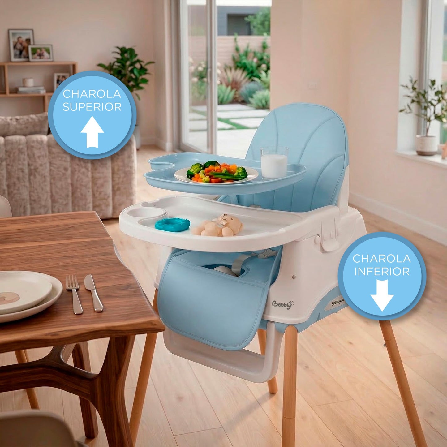 BEBBLY Silla Alta para Bebé con Patas de Madera Antiderrapante Asiento Ergonómico con Charola y Arnés de Seguridad Ideal para Comer o Jugar Niños y Niñas desde 6 Meses Moderna y Fácil de Limpiar (Azul)
