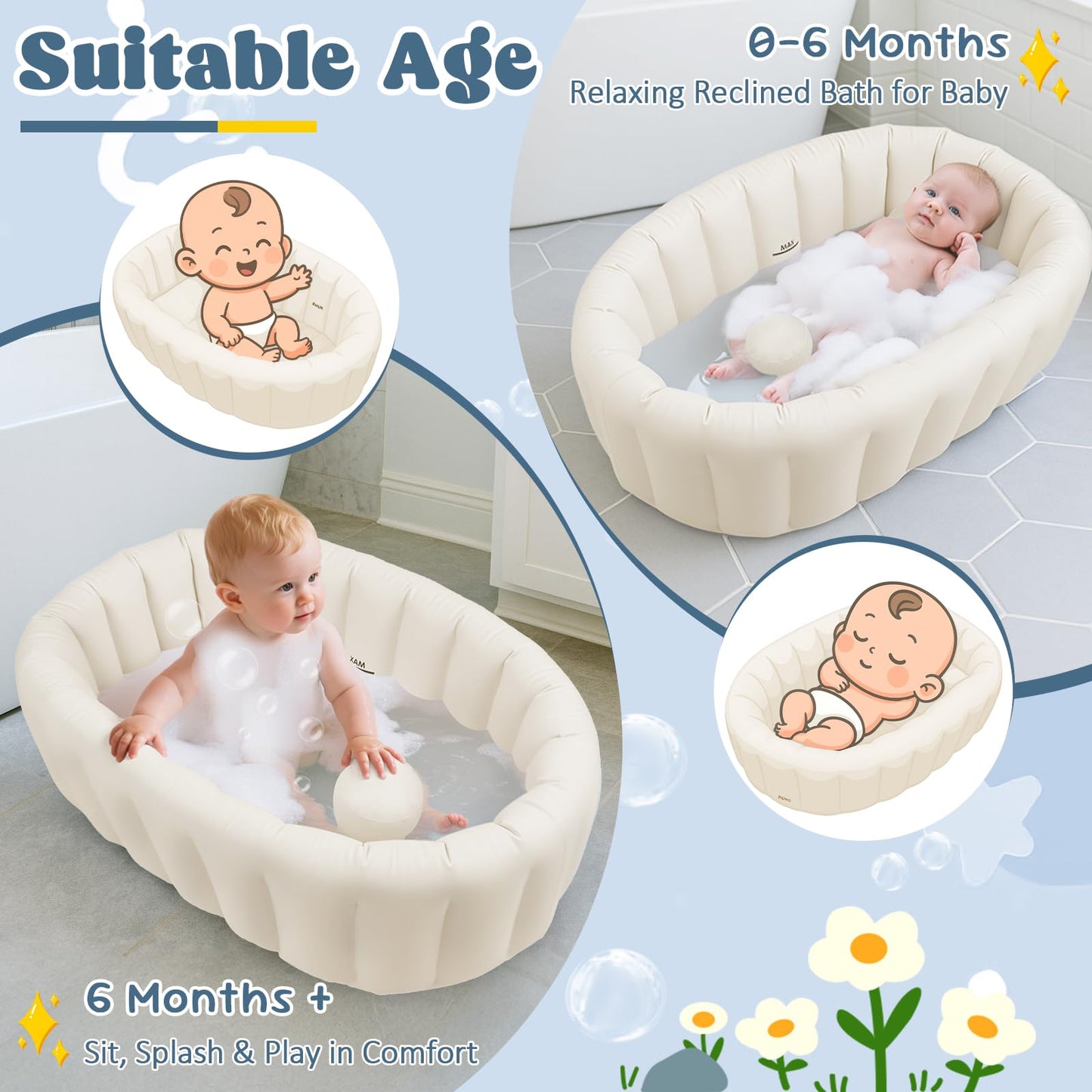 Bañera inflable para bebé, baño plegable para bebé con soporte para la espalda, bañera portátil de viaje para recién nacidos con orificio de drenaje, bañeras plegables para bebés de lactante a niño