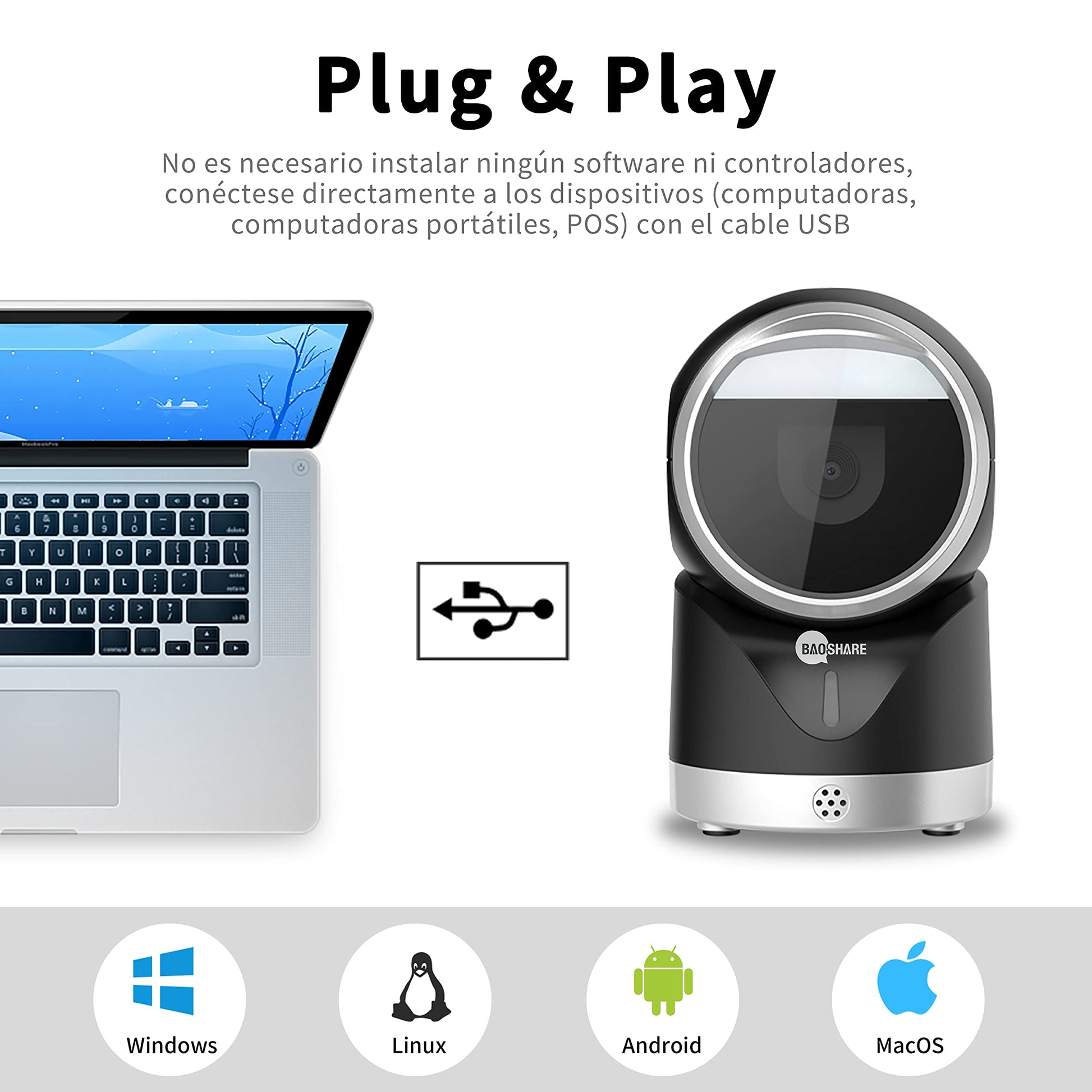 BAOSHARE Escáner de código de Barras de Escritorio 1D 2D QR, Lector de código de Barras USB automático Manos Libres omnidireccional