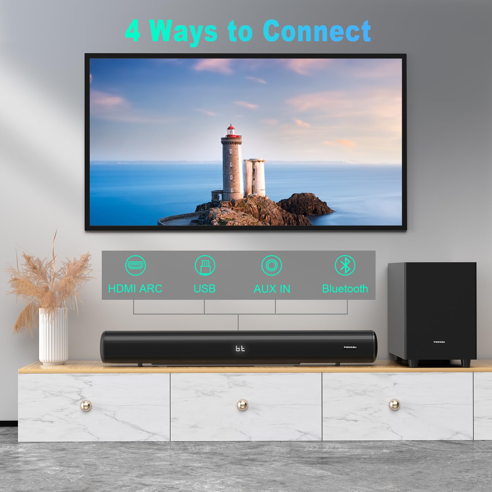 Barras de sonido para TV con subwoofer, 2.1 graves profundos 80 W altavoces de rango completo, visualización LED, bajos ajustables, HDMI/USB/AUX, Bluetooth 5.3 TV Soundbar sistema de audio de cine en