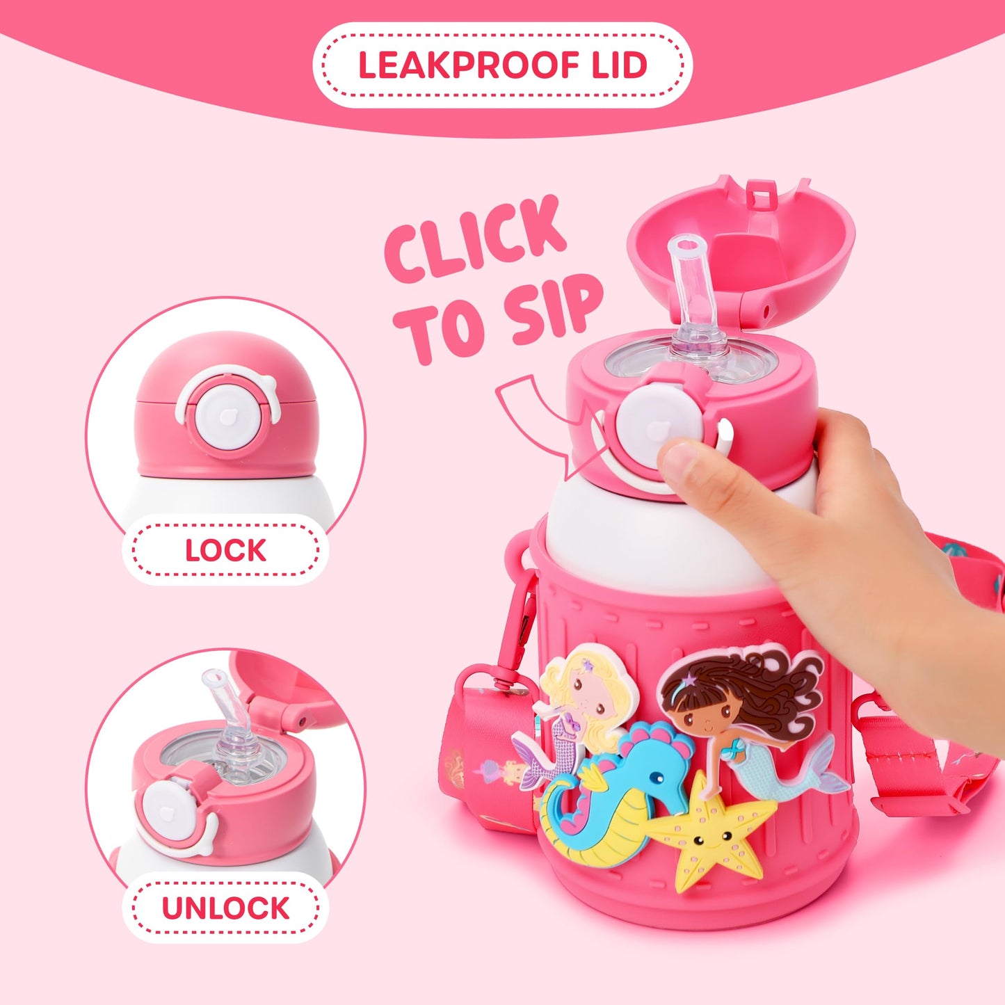 Le Glacier - Juego de vasos aislantes para niños, 16 onzas, botella de agua de acero inoxidable con tapa de popote y tapa para verter, taza a prueba de fugas, funda de silicona, dijes y correa