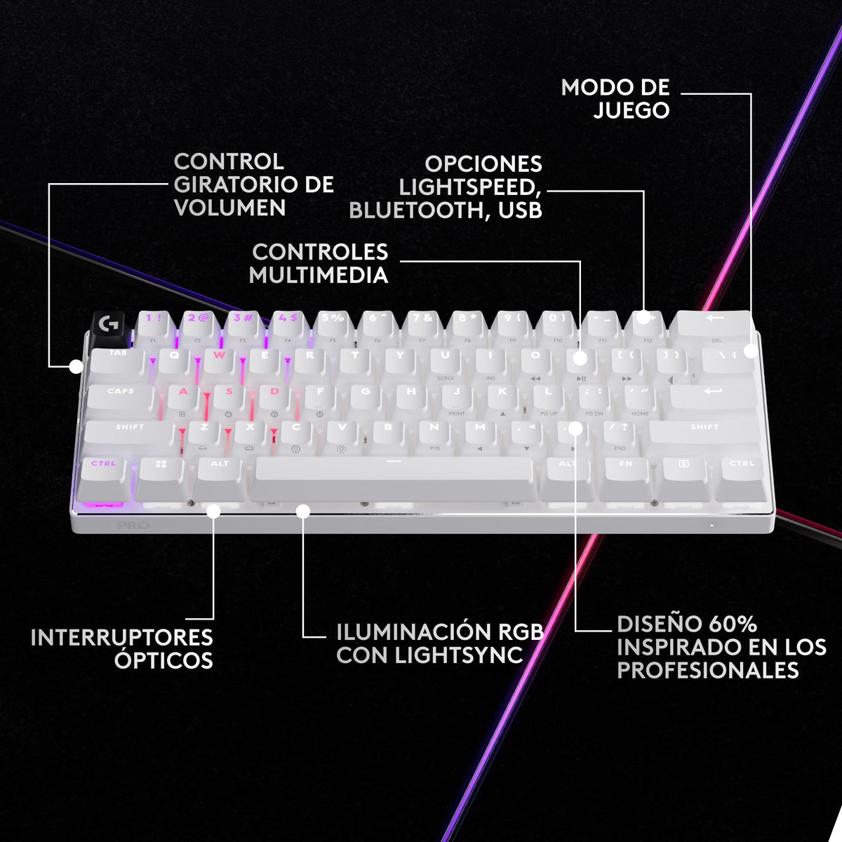 Teclado Inalámbrico Logitech G Pro X Blanco 60% TKL Mecánico Ultra Compacto RGB LIGHTSYNC para Juegos