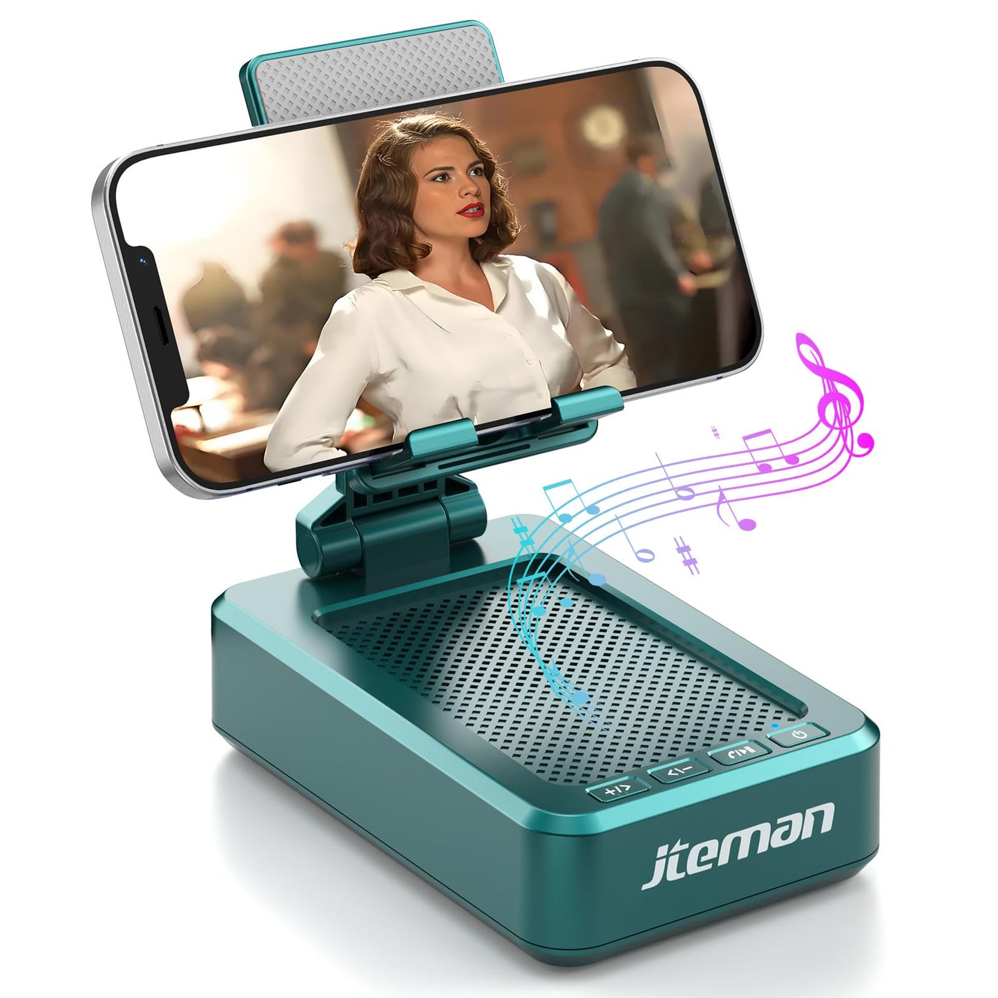 JTEMAN - Soporte para teléfono celular con altavoces inalámbricos Bluetooth, ángulo ajustable, fuerte pedestal para computadora, sonido HD y altavoz Bluetooth de graves compatible con todos los
