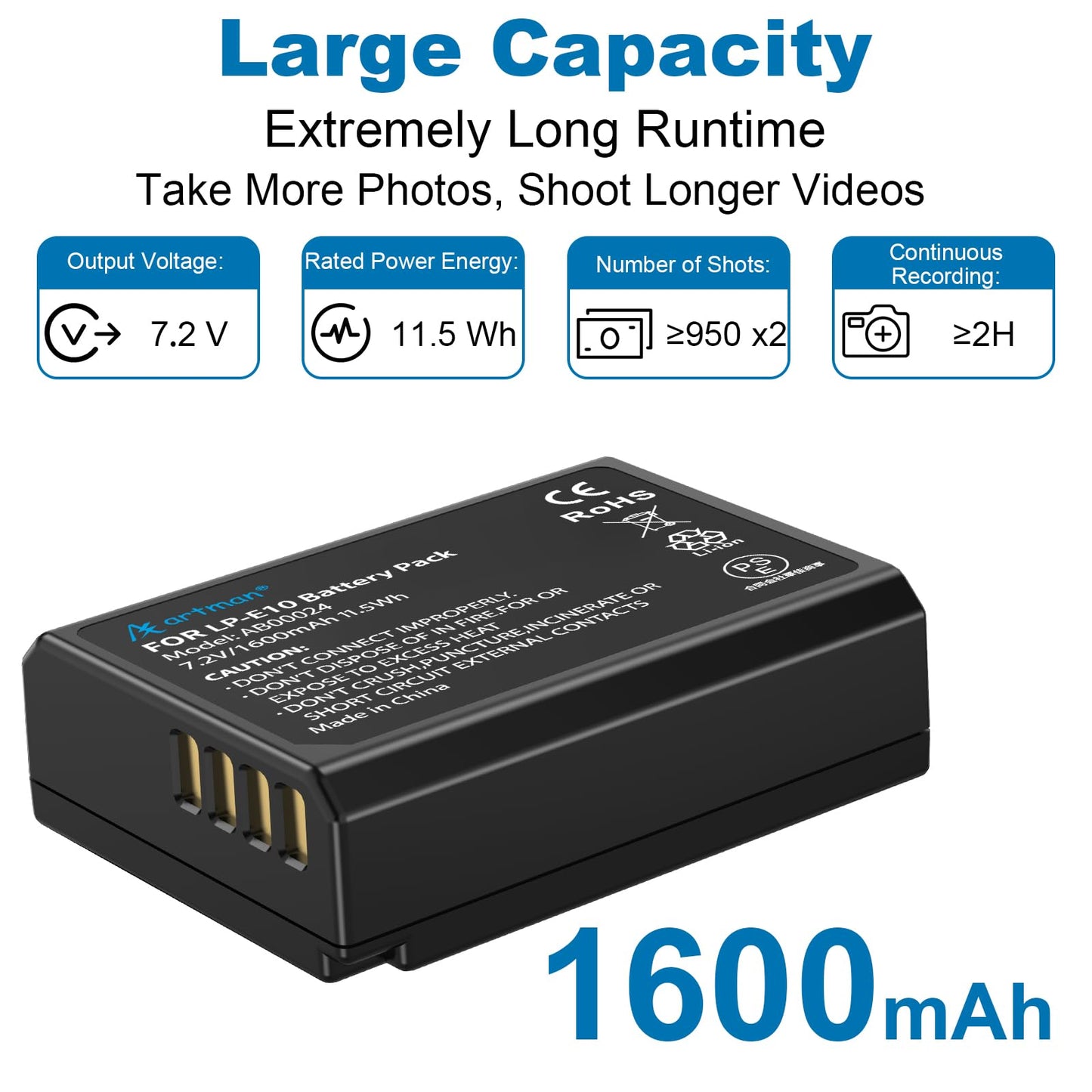 Artman LP-E10 Batería y Cargador USB Dual para Canon EOS Rebel T7 T6 T5 T3 T100, Kiss X50 Kiss X70 EOS 1100D/1200D/1300D/2000D Cámaras Digitales (2-Pack 1600mAh)
