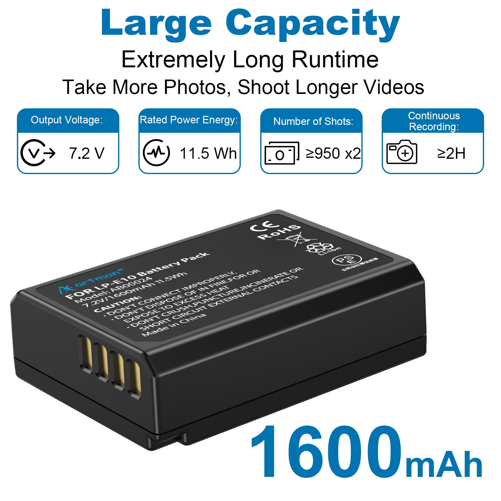Artman LP-E10 Batería y Cargador USB Dual para Canon EOS Rebel T7 T6 T5 T3 T100, Kiss X50 Kiss X70 EOS 1100D/1200D/1300D/2000D Cámaras Digitales (2-Pack 1600mAh)