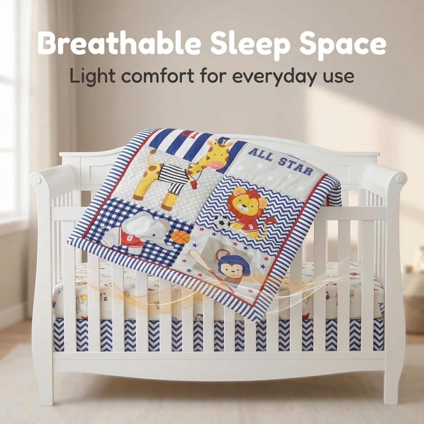EVERYDAY KIDS - Juego de ropa de cama para cuna de 4 piezas para niños, diseño de selva, suave percal 100% algodón, incluye edredón, sábana bajera, volantes y apilador de pañales, juego de ropa de
