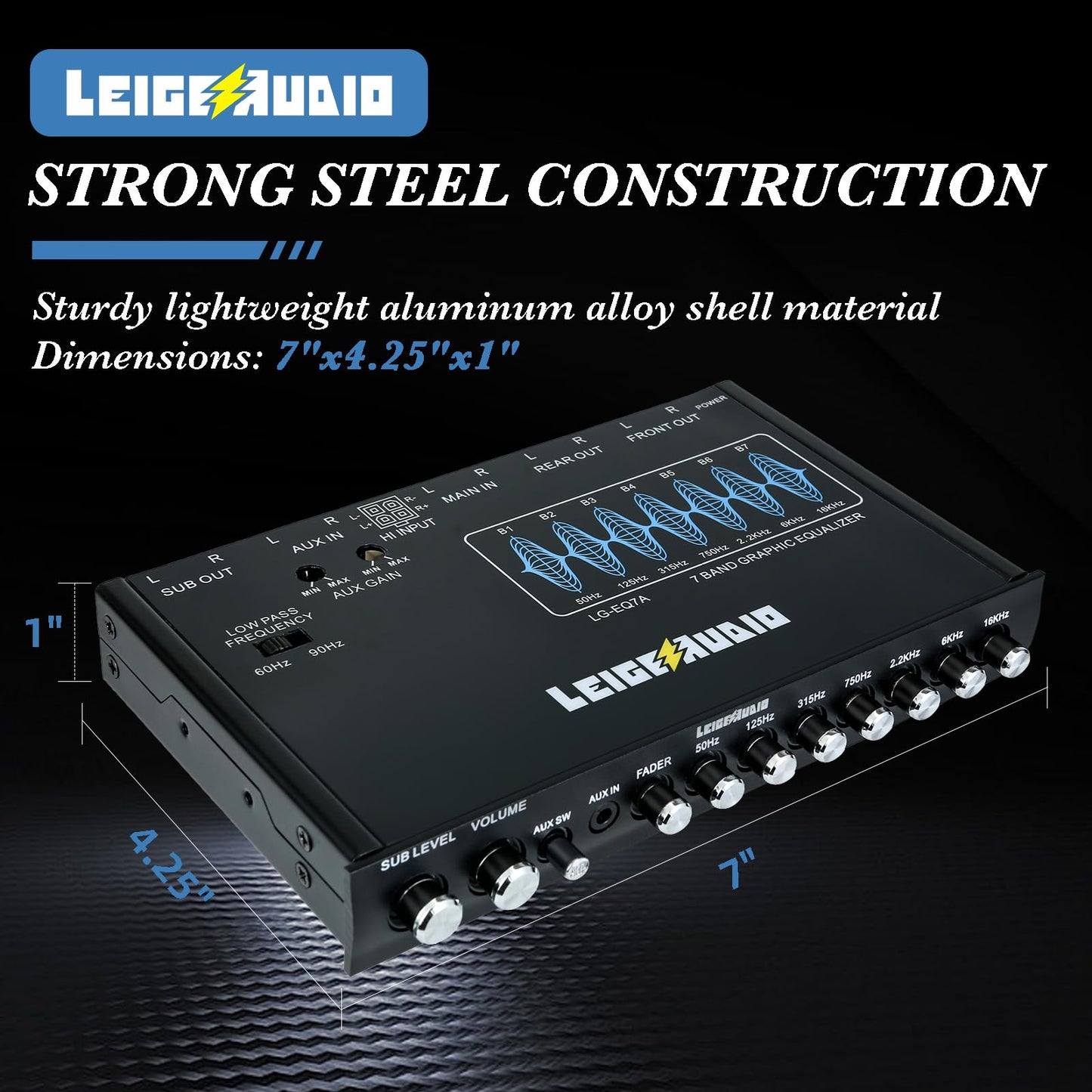 LEIGESAUDIO LG-EQ7A - Ecualizador gráfico de audio para coche de 7 bandas con entrada auxiliar frontal de 3,5 mm, salidas RCA de alto voltaje y entradas de altavoz de alto nivel