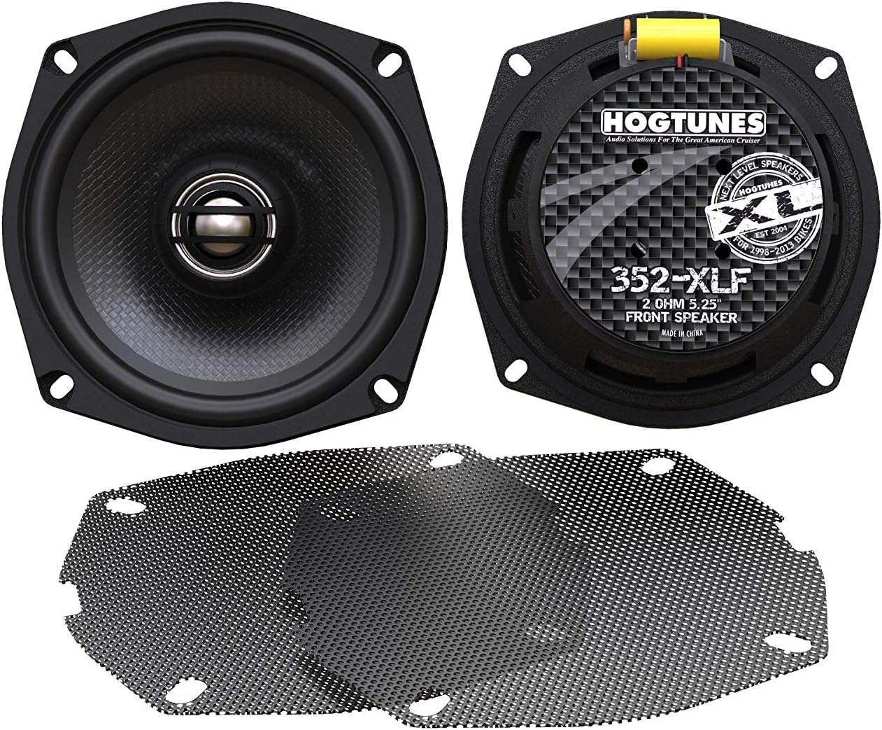 Hogtunes 352-XLF Altavoces frontales de alto rendimiento de la serie XL de 5.25 pulgadas con parrillas (paquete de 2), se adapta a motocicletas Harley-Davidson 1998-2013
