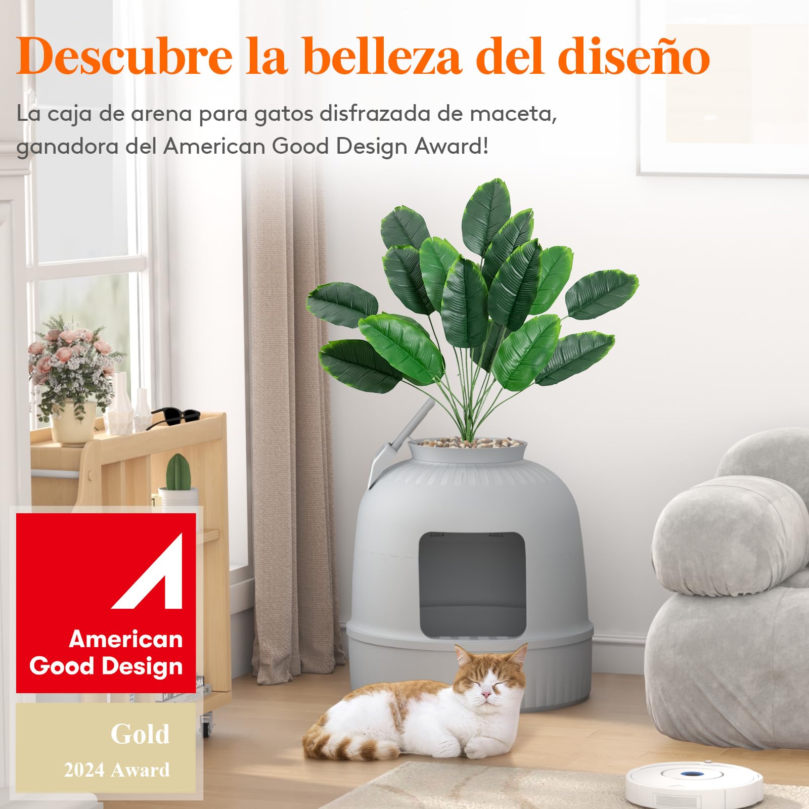 Lifewit Caja de Arena con Planta sintética y Pala para Gatos Grandes, Bandeja de Arena Oculta en Esquina con Control de olores y Filtro de Carbono en salón/Dormitorio/baño, Gris