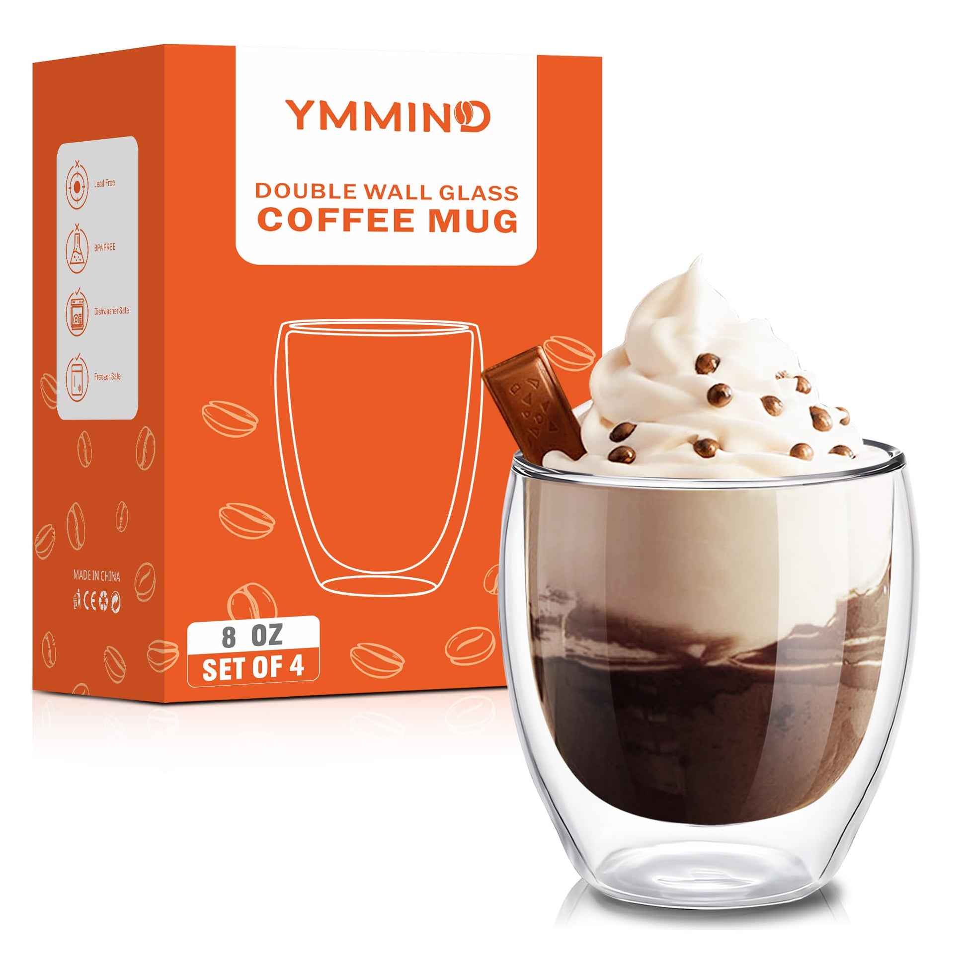 Juego de Tazas de Vidrio YMMIND Transparente con Doble Pared para Bebidas Calientes 8 Onzas