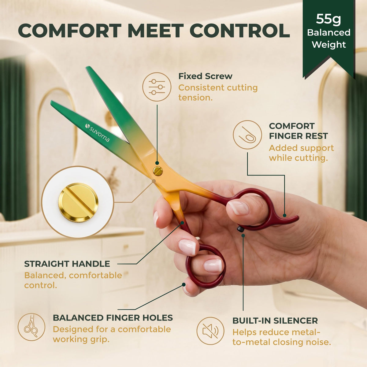 Suvorna Juego de tijeras de corte de pelo de 6,5 pulgadas con tijeras de adelgazamiento para peluquero y uso doméstico – Juego de tijeras de pelo para adelgazar y cortar (rojo, amarillo y verde)