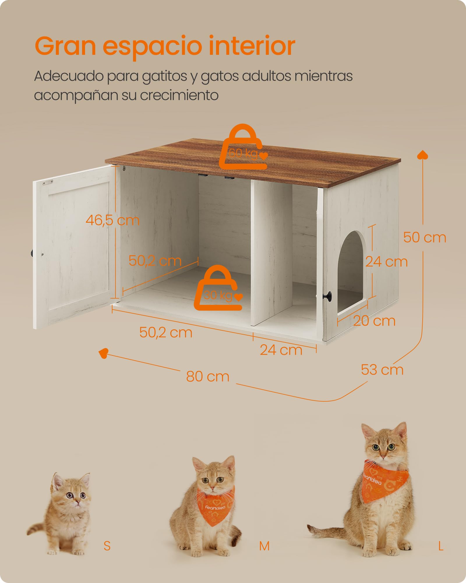 Feandrea Arenero para Gatos, Caja de Arena Oculta, con Separador Extraíble, 80 x 53 x 50 cm, Marrón Miel y Blanco Rústico MPCL002P01