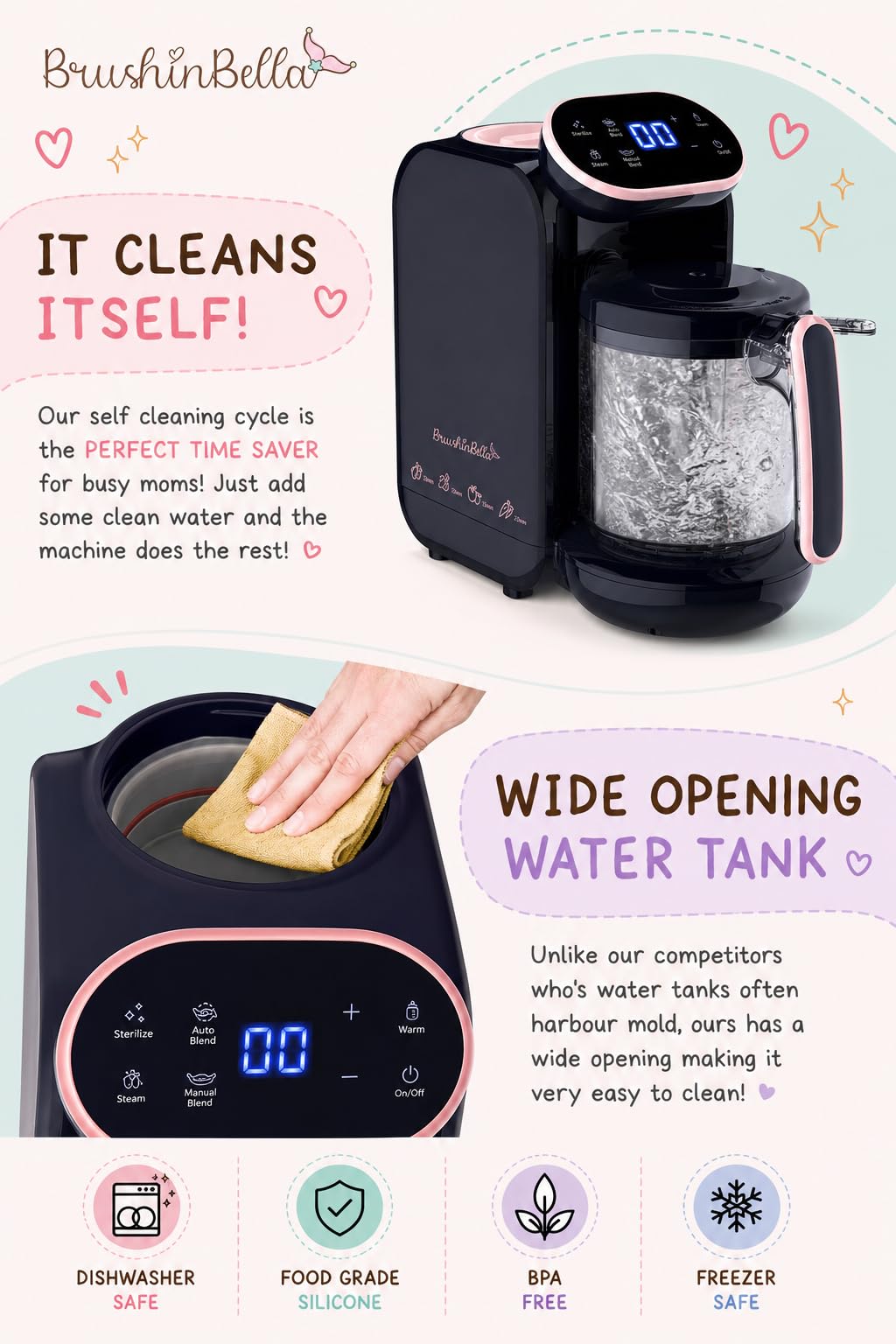 BrushinBella - Procesador de alimentos para bebés 5 en 1 con bandeja de sopa, máquina para hacer purés de bebé, amoladora, vapor, visualización táctil, mezcla automática y manual, calentador de