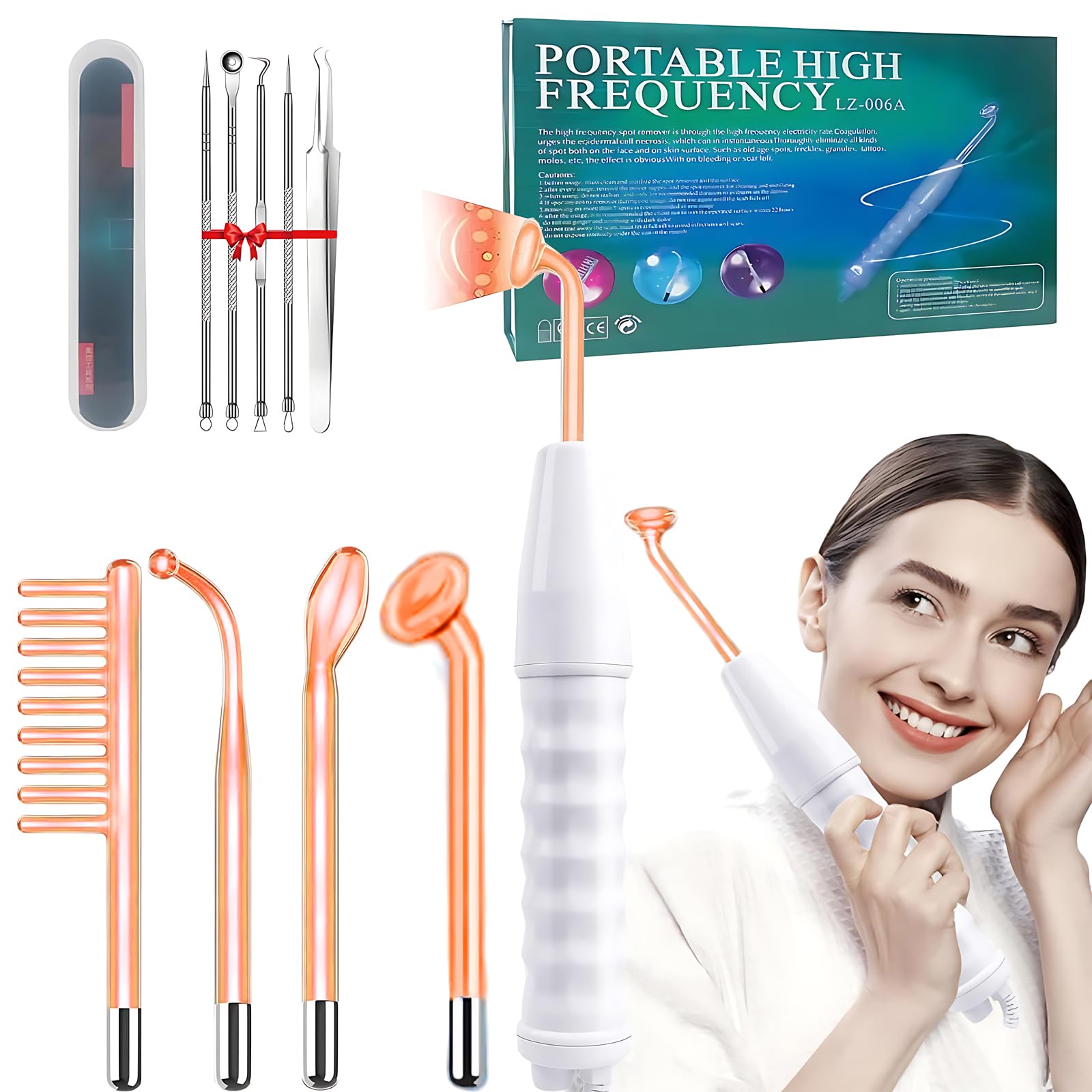 Equipo de Alta Frecuencia Facial Portable con 4 Palos de Neón para Reducir Arrugas, Ojeras e Imperfecciones