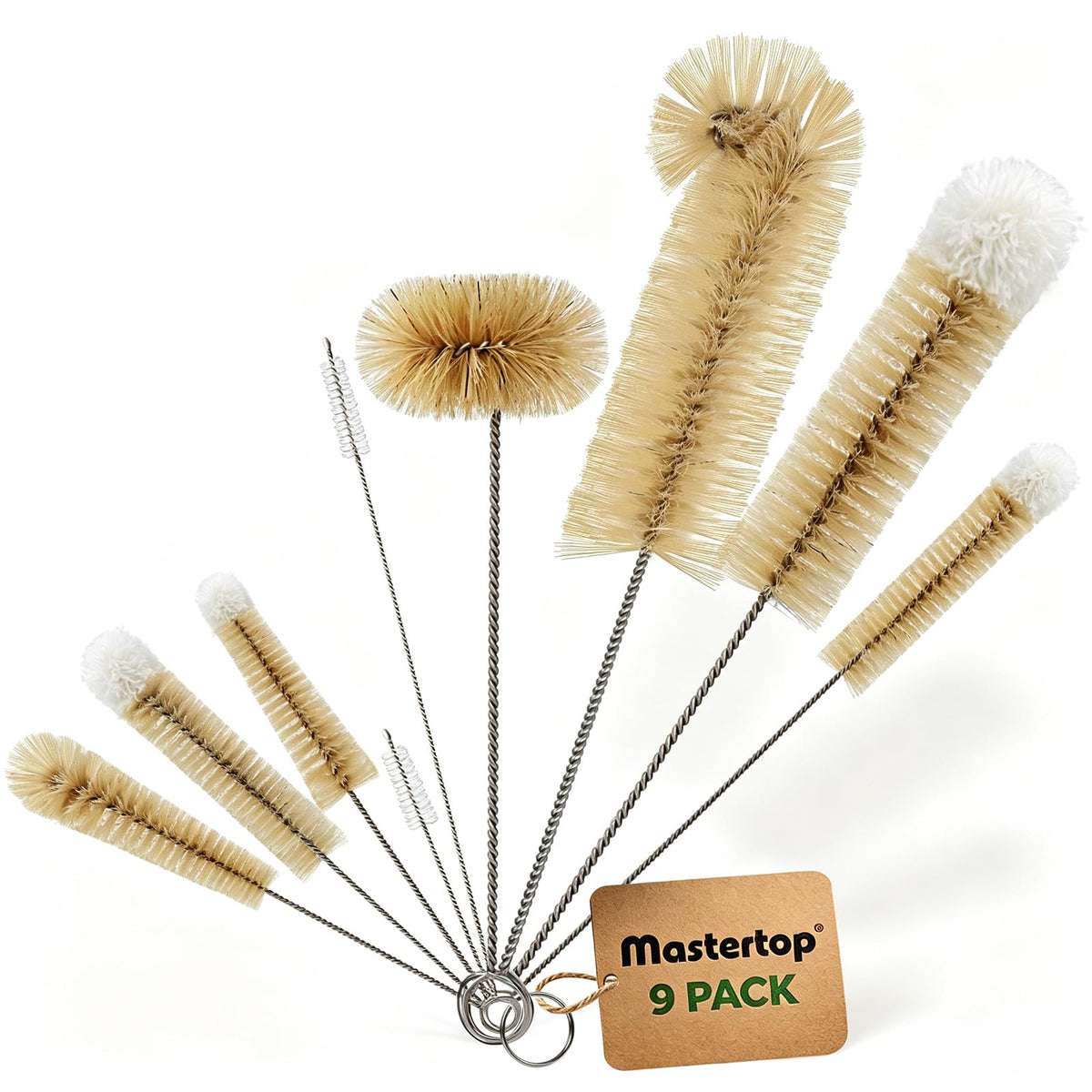MASTERTOP - Juego de 9 cepillos para botellas, set de limpieza de botellas largas y cepillo para polvo de pajita, sin BPA, cepillo para polvo limpiador de botellas para biberones de bebé, molino de