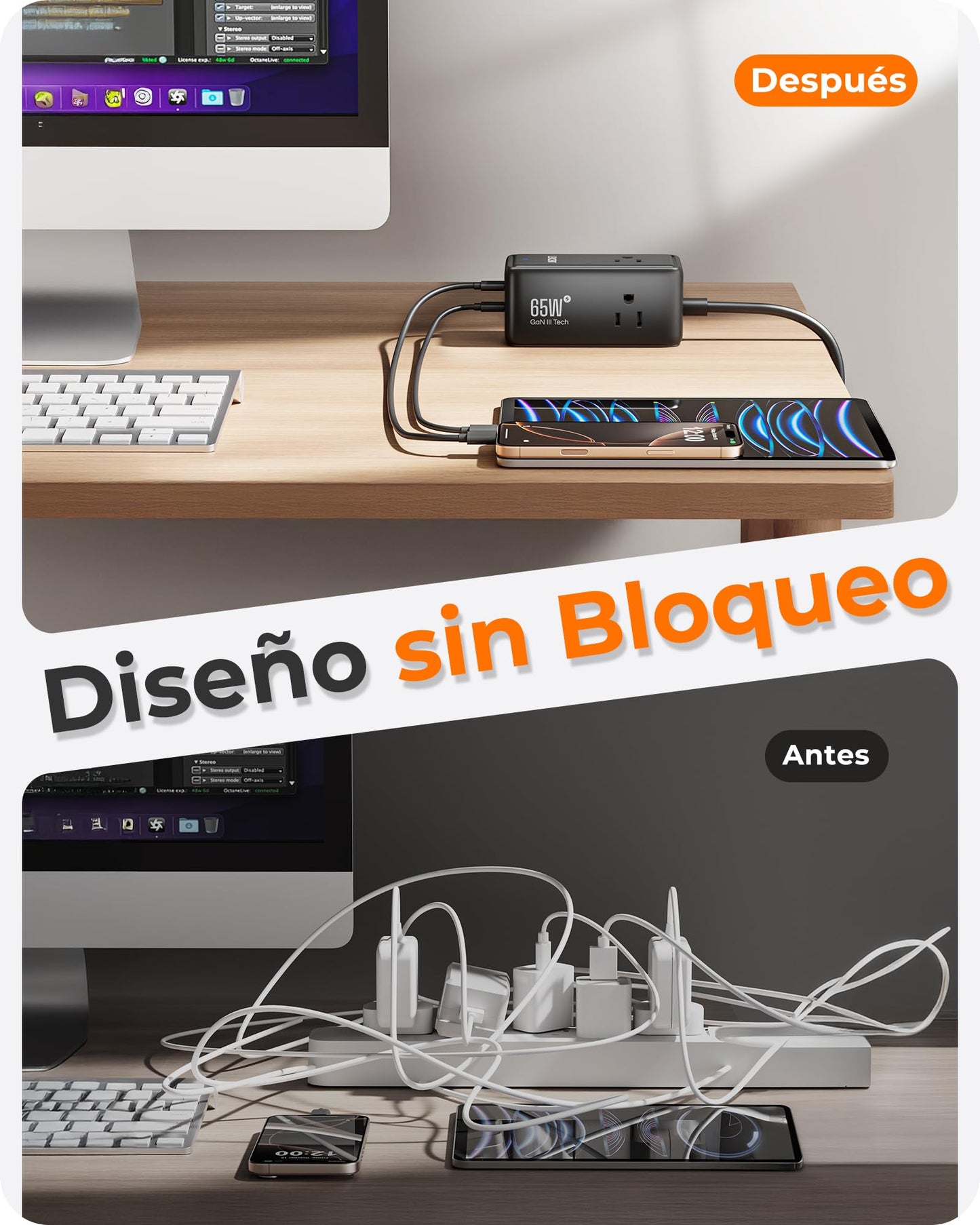 LENCENT Cargador USB C y PD 65W, Cargador Rápido GAN III Tech con 3 Tomas CA + 4 Puertos USB, Estación de Carga USB C de Cable para iPhone, iPad, Macbook, Galaxy, Huawei, Switch y más, Negro
