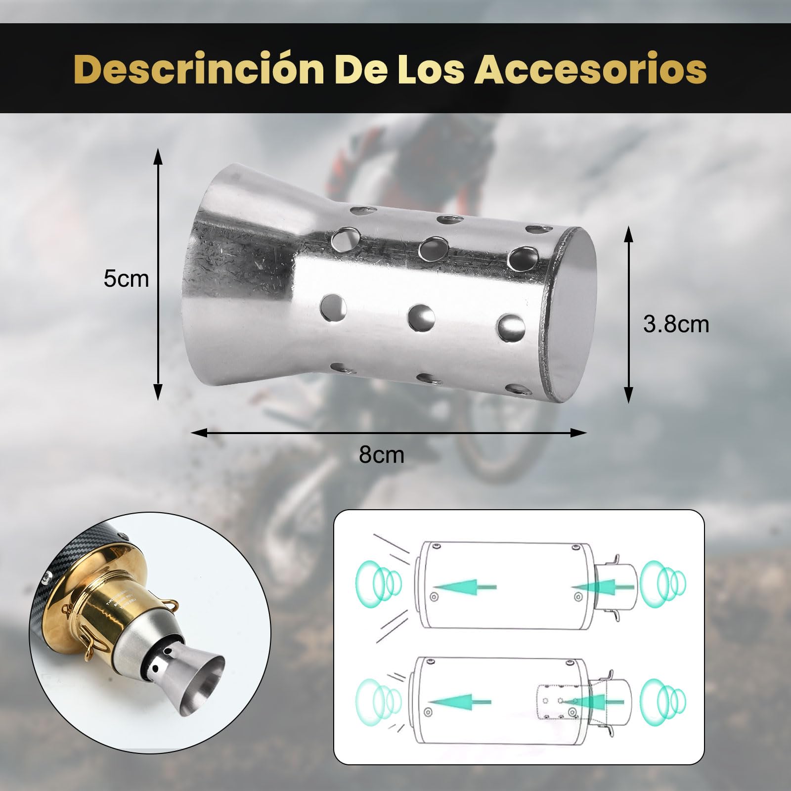 Kayoosi Escape de Moto, Tubos de Silenciador de Escape Universal de 51mm, Tubo de Escape de Acero Inoxidable para Motos, Street Bikes, Dirt Bikes (Fibra de Carbono Dorado)