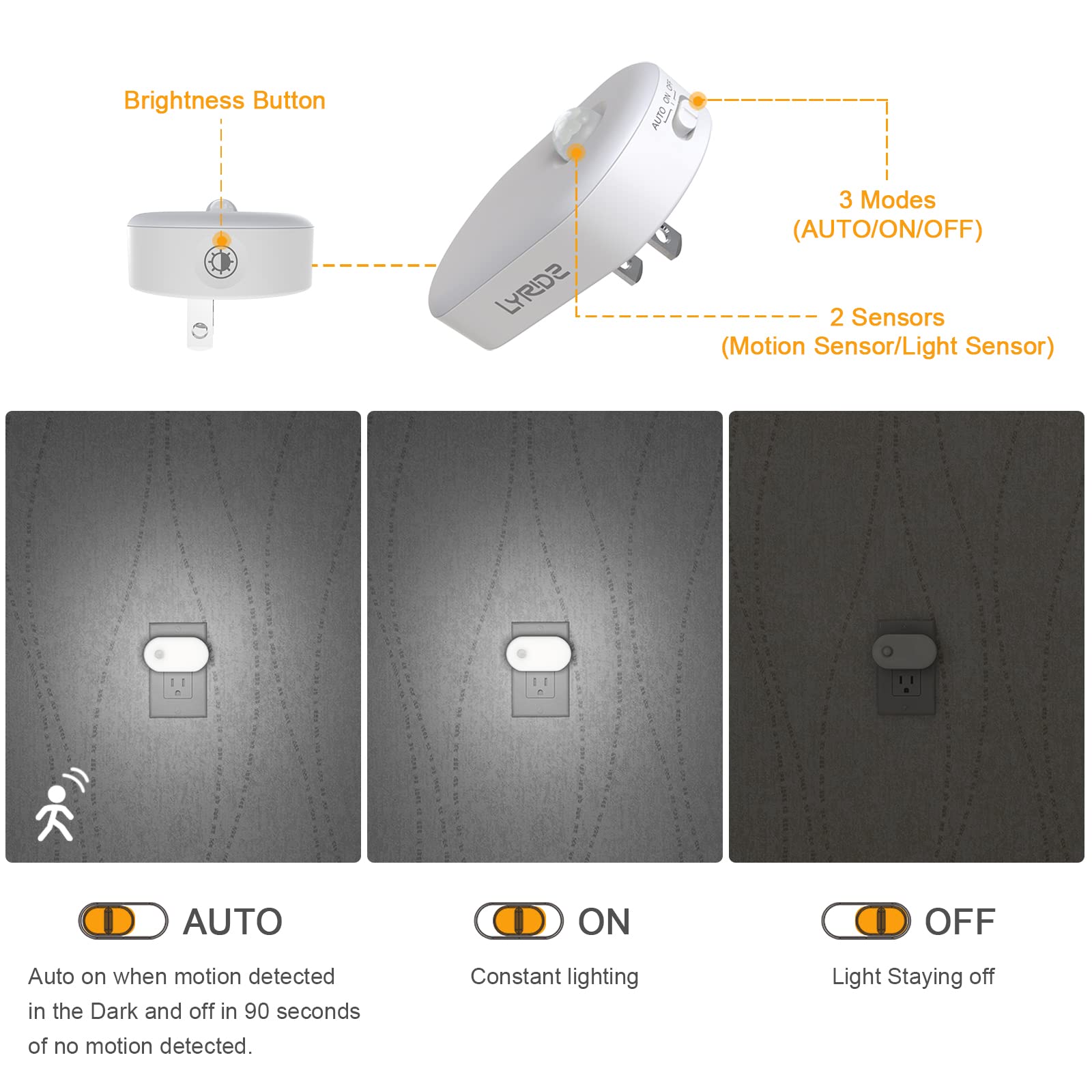 Lyridz - Luz nocturna enchufable con sensor de movimiento, 120 lm, luz nocturna LED inteligente, luz blanca fría con brillo ajustable continuo para baño, recámara, cocina, escaleras, pasillo, paquete