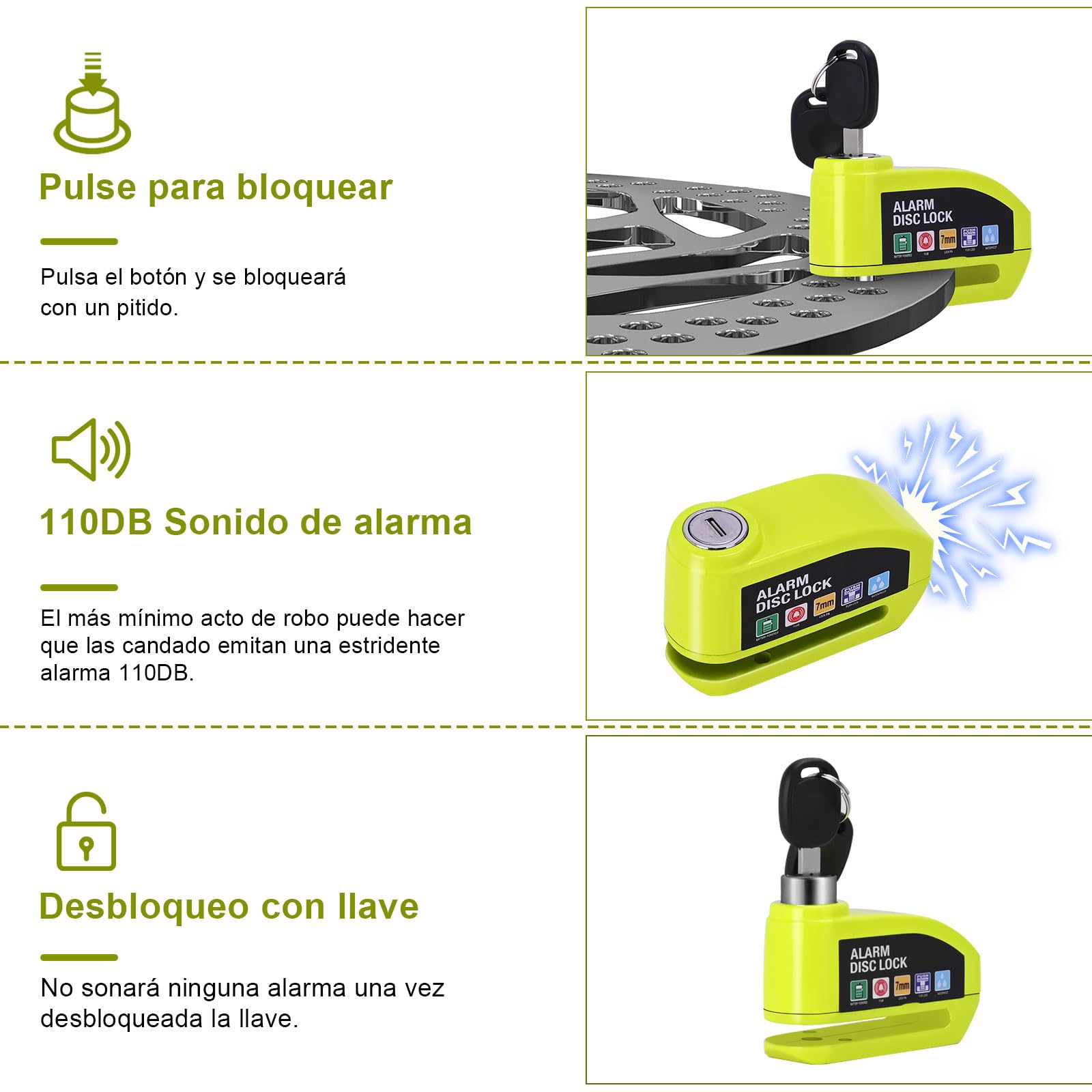 Kayoosi Candado de Alarma para Moto, Alarma de Freno de Disco de 110 Db con Sensor de Movimiento y Cable de Alarma de 4,3 Pies, Impermeable y Antirrobo, Compatible con Vehículos con Llantas de Disco