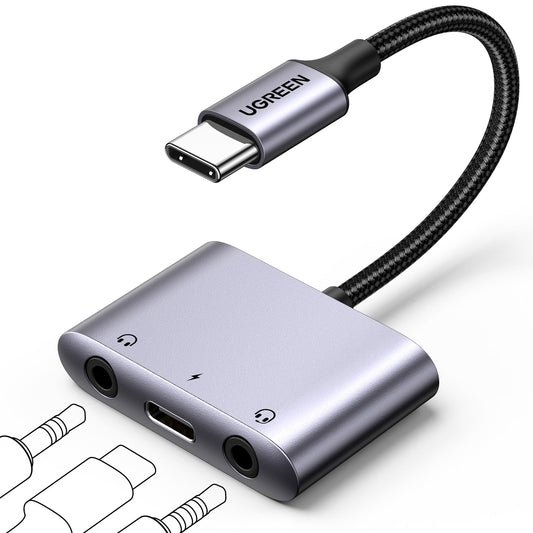 Adaptador USB C UGREEN Negro con 2 Jack 3.5 mm y Carga Rápida PD 60W