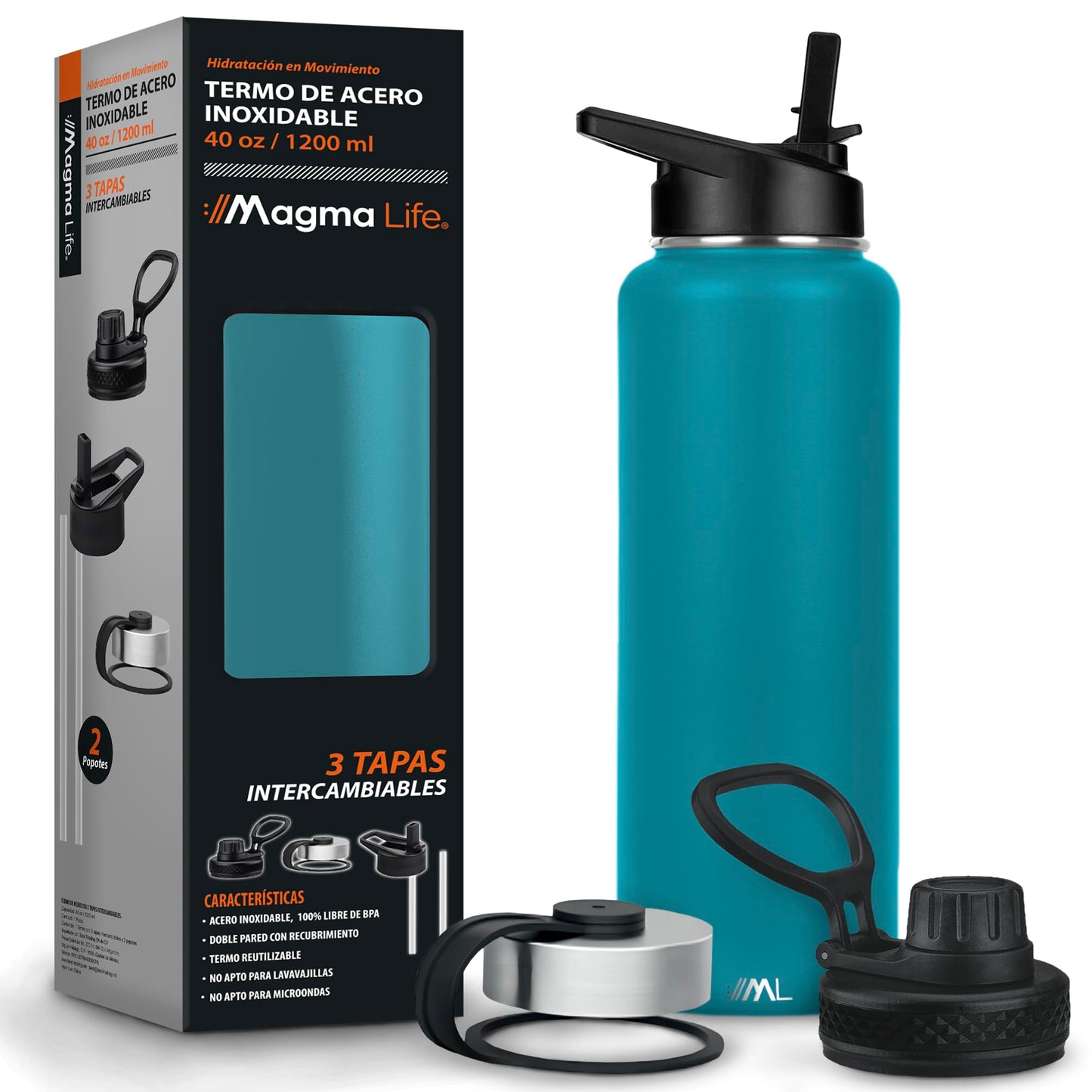 Magma Life Termo para Café y Agua de Acero Inoxidable 40 Oz (1200 ml): Contiene 3 Tapas para Diferentes tipos de Bebidas, Ideal para Mantener la Temperatura Deseada (Capri Blue)