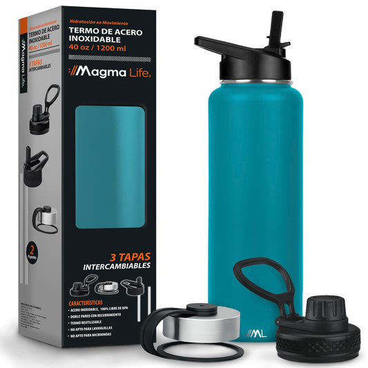 Magma Life Termo para Café y Agua de Acero Inoxidable 40 Oz (1200 ml): Contiene 3 Tapas para Diferentes tipos de Bebidas, Ideal para Mantener la Temperatura Deseada (Capri Blue)