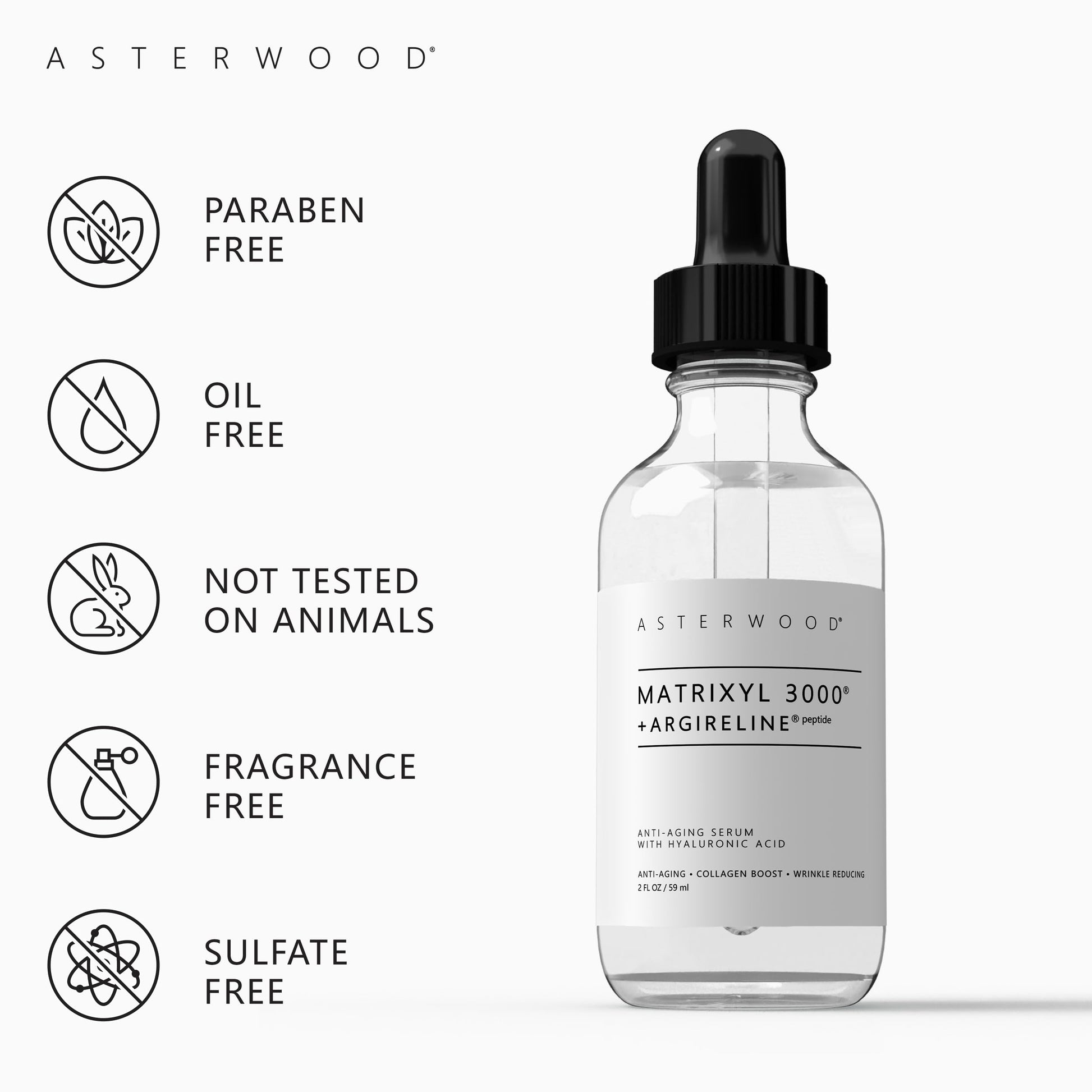 MATRIXYL 3000 + ARGIRELINE Peptide 2 oz Serum + Organic Hyaluronic Acid - Wrinkle Aging Fighting - Powerful Line Remover & Collagen Booster ASTERWOOD