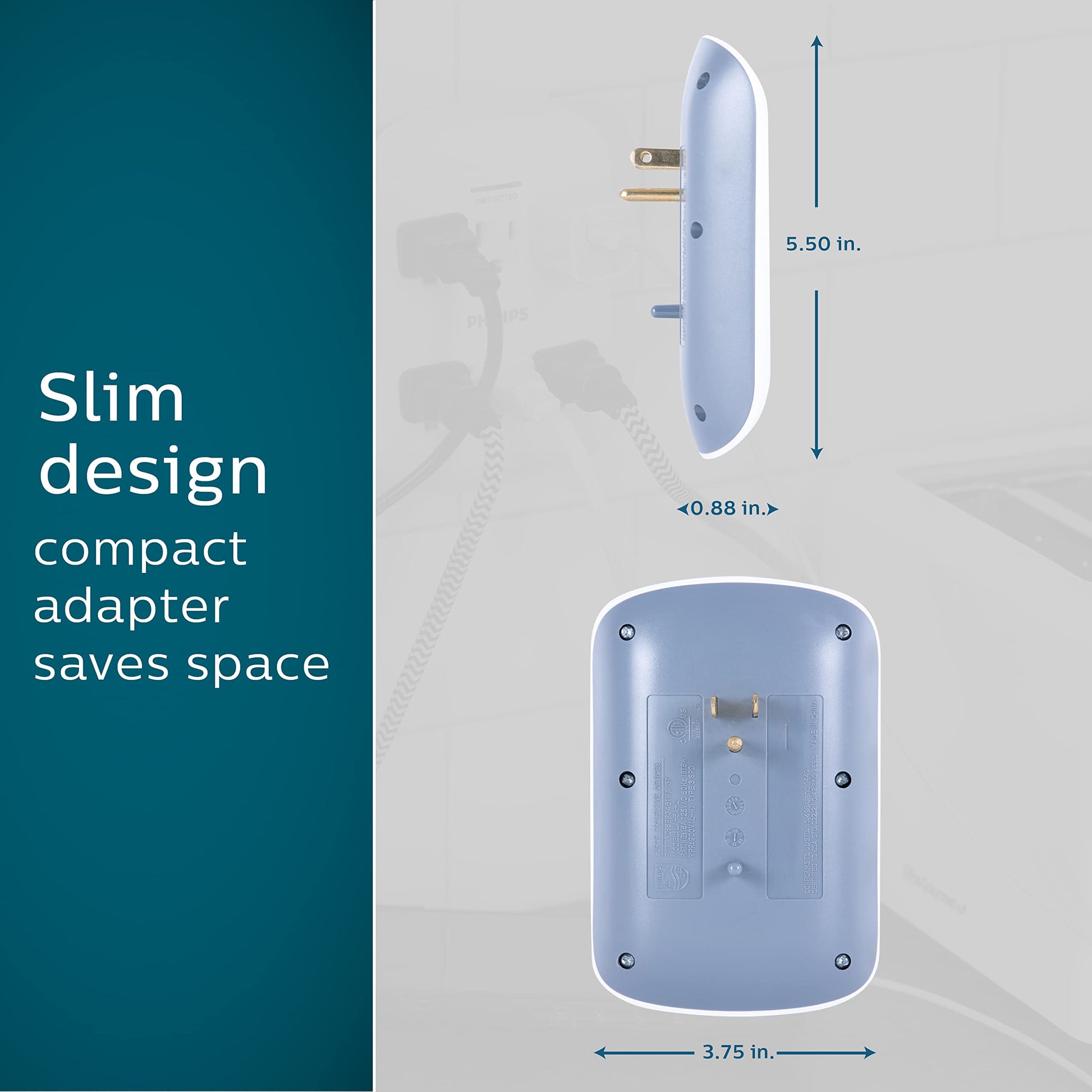 Multicontacto de Pared PHILIPS Blanco con Supresor de Picos y Protección contra Sobretensiones 900 Julios (Paquete de 2)