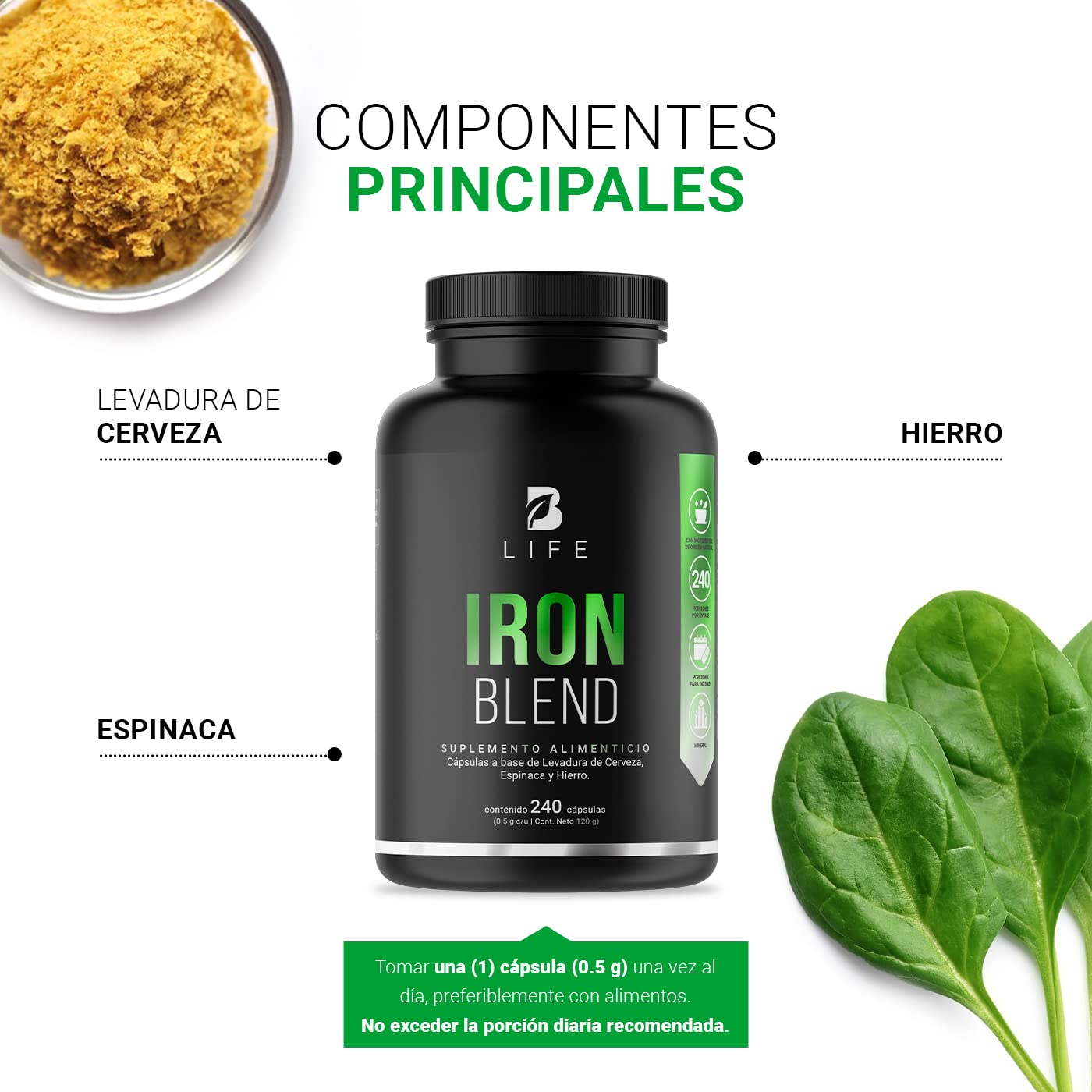 Hierro de 240 Cápsulas con Levadura de Cerveza y Espinaca. Ingredientes naturales. Iron Blend B Life.