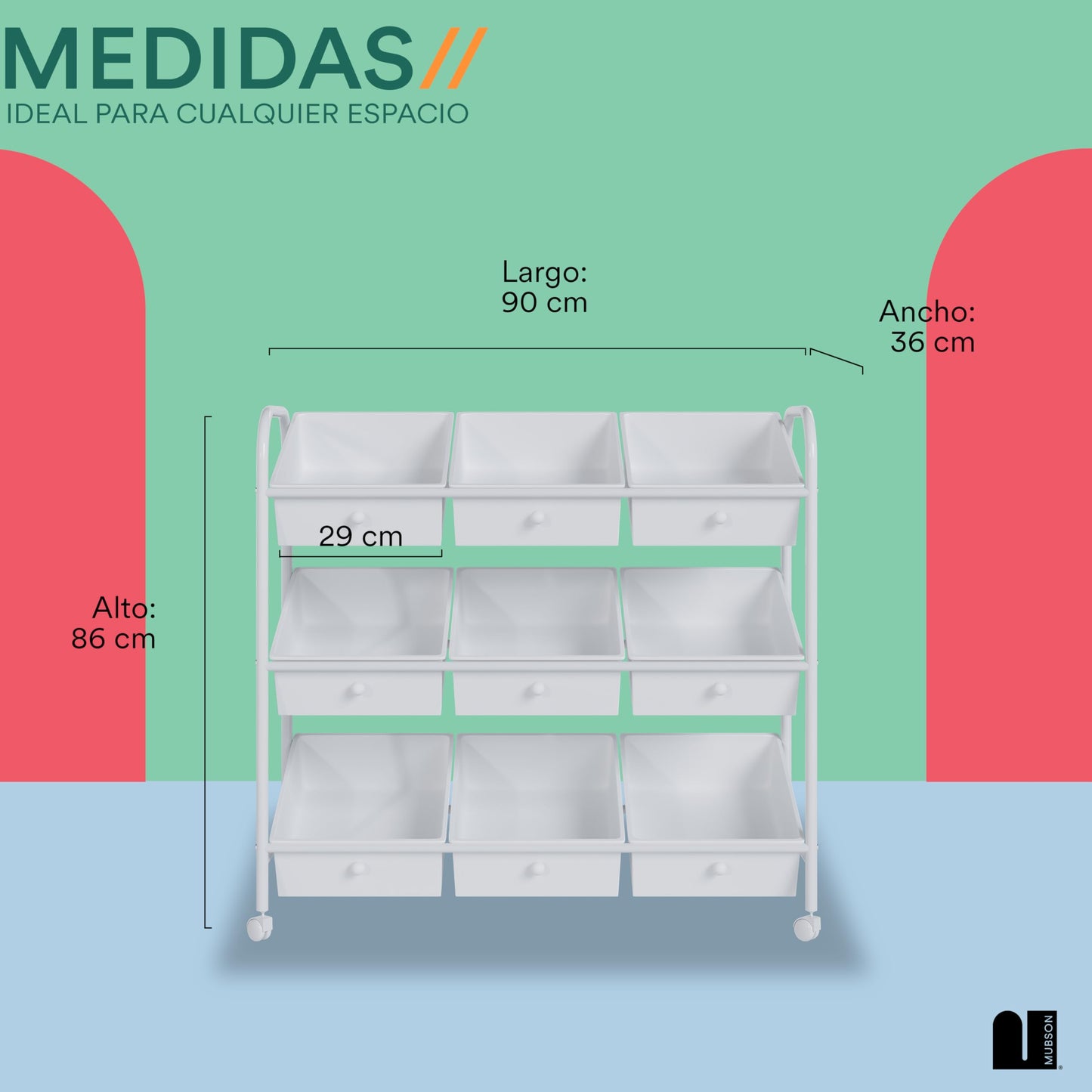 MUBSON Juguetero Organizador Infantil con 9 cajones y Ruedas de Desplazamiento. Organizador Infantil Nove. Baul para Juguetes para el Cuarto de niños. Toy Storage (Blanco)