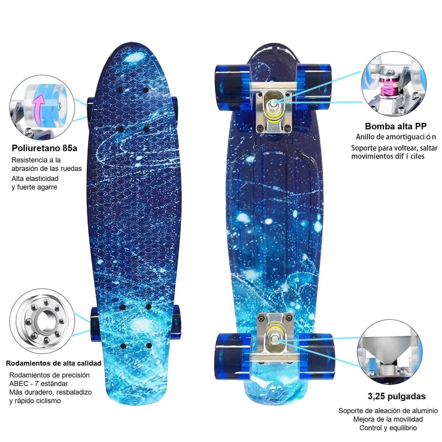 Patineta Skateboard PP Viento de Cielo Estrellado Llantas Luminosas LED para Jóvenes Niños