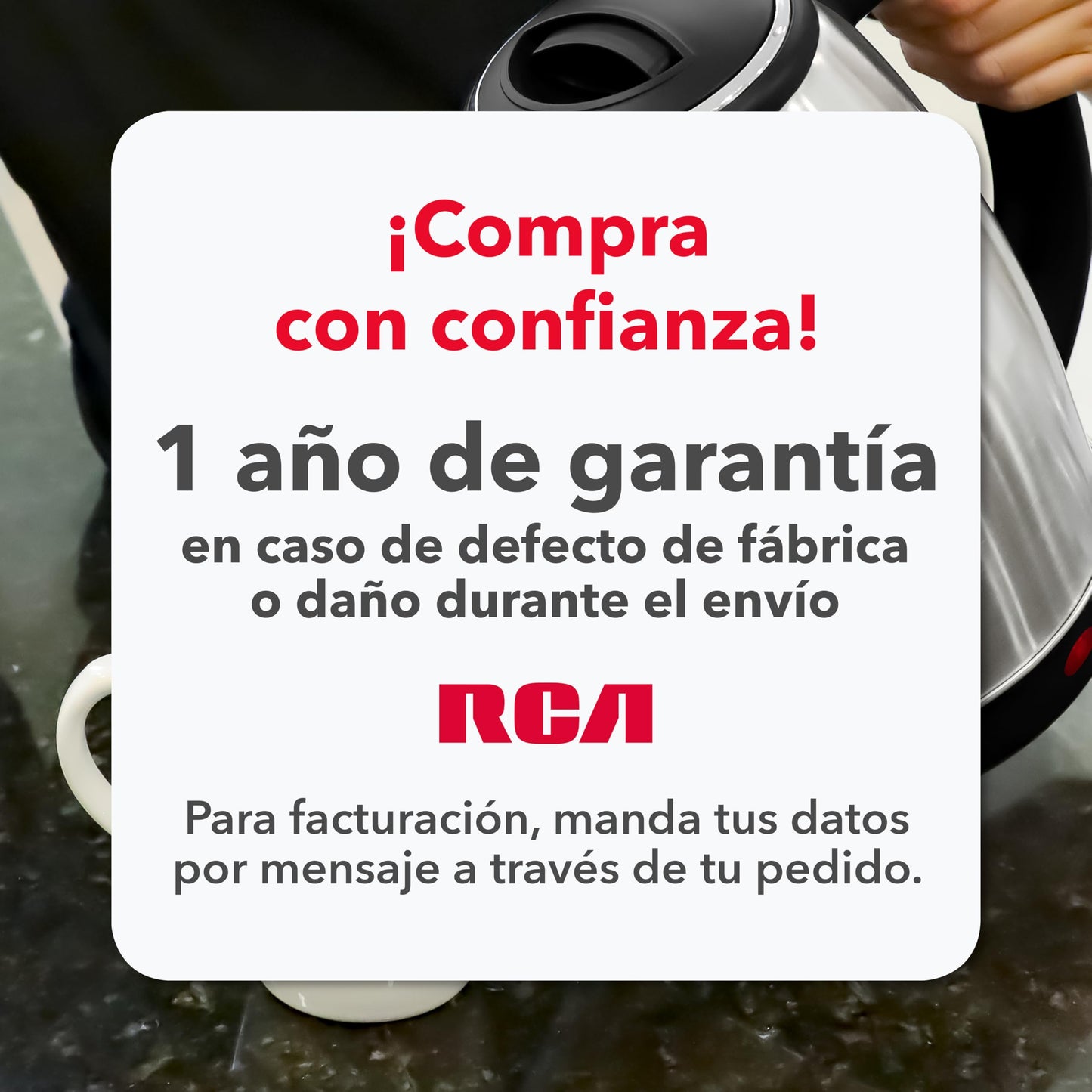 Tetera Eléctrica RCA Acero Inoxidable Luz LED Base Giratoria Apagado Automático 1.8 Litros Diseño Elegante