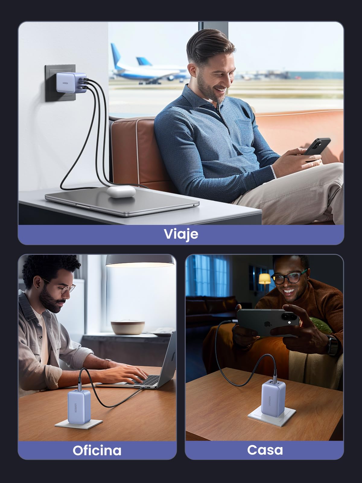 Cargador USB C UGREEN Nexode 65W Blanco Con 3 Puertos GAN Plegable y Portátil para Viajar