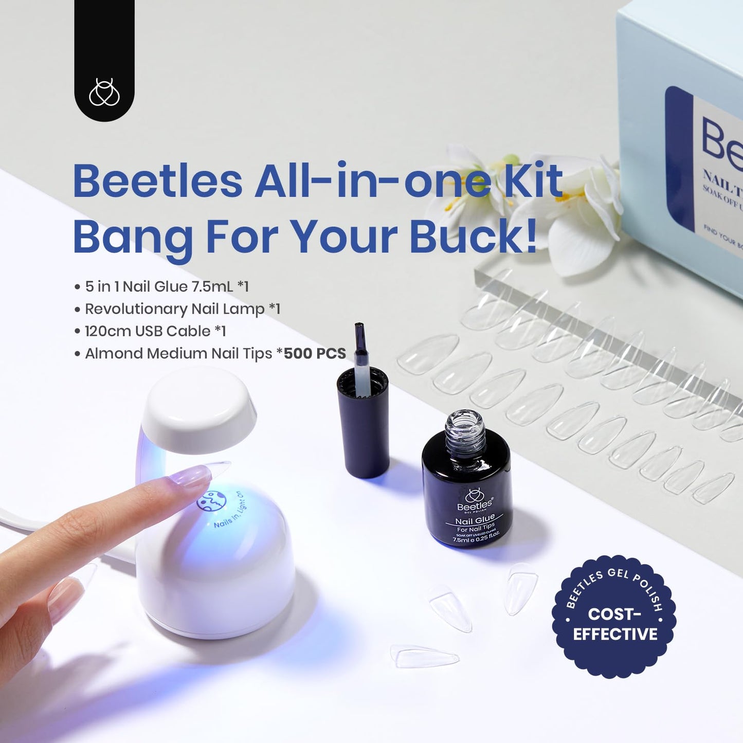 Beetles Kit de uñas de gel fácil juego de extensión de uñas, 500 piezas preformadas de gel suave de almendra mediana con base de gel de pegamento multiusos 5 en 1, lámpara de uñas LED UV para arte de uñas, regalos para el hogar para niñas