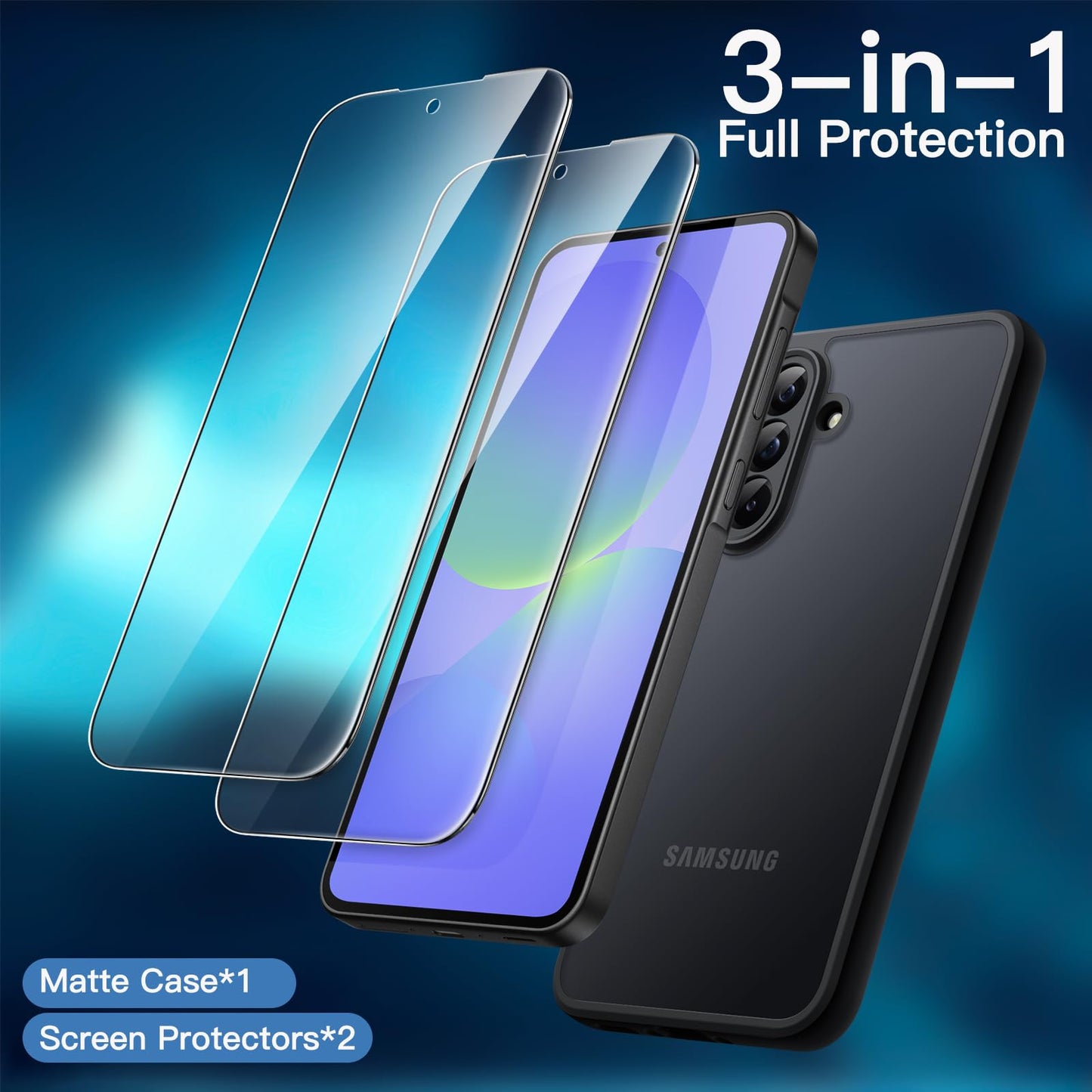 JETech 3 en 1 Funda Mate para Samsung Galaxy A36 5G con 2 Protector Pantalla Mica Cristal Vidrio Templado, Carcasa Antigolpes Translúcida Esmerilada con Protección Cámara (Negro)