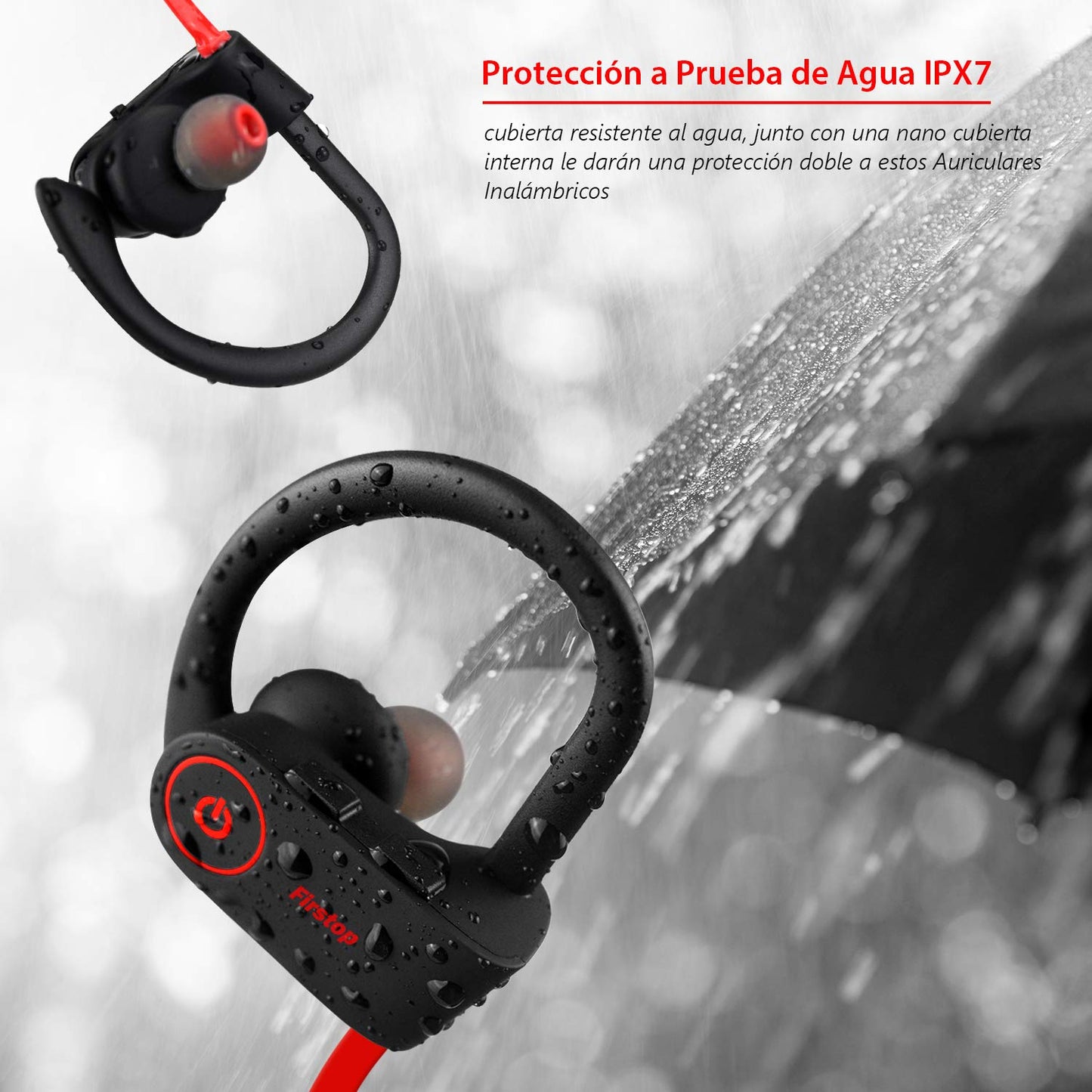 Firstop Auriculares Bluetooth, Audífonos Inalámbricos Impermeables IPX7, Auriculares con Reducción de Ruido y Ajuste Seguro para Deportes y Gimnasia, con Micrófono Incorporado(Rojo)