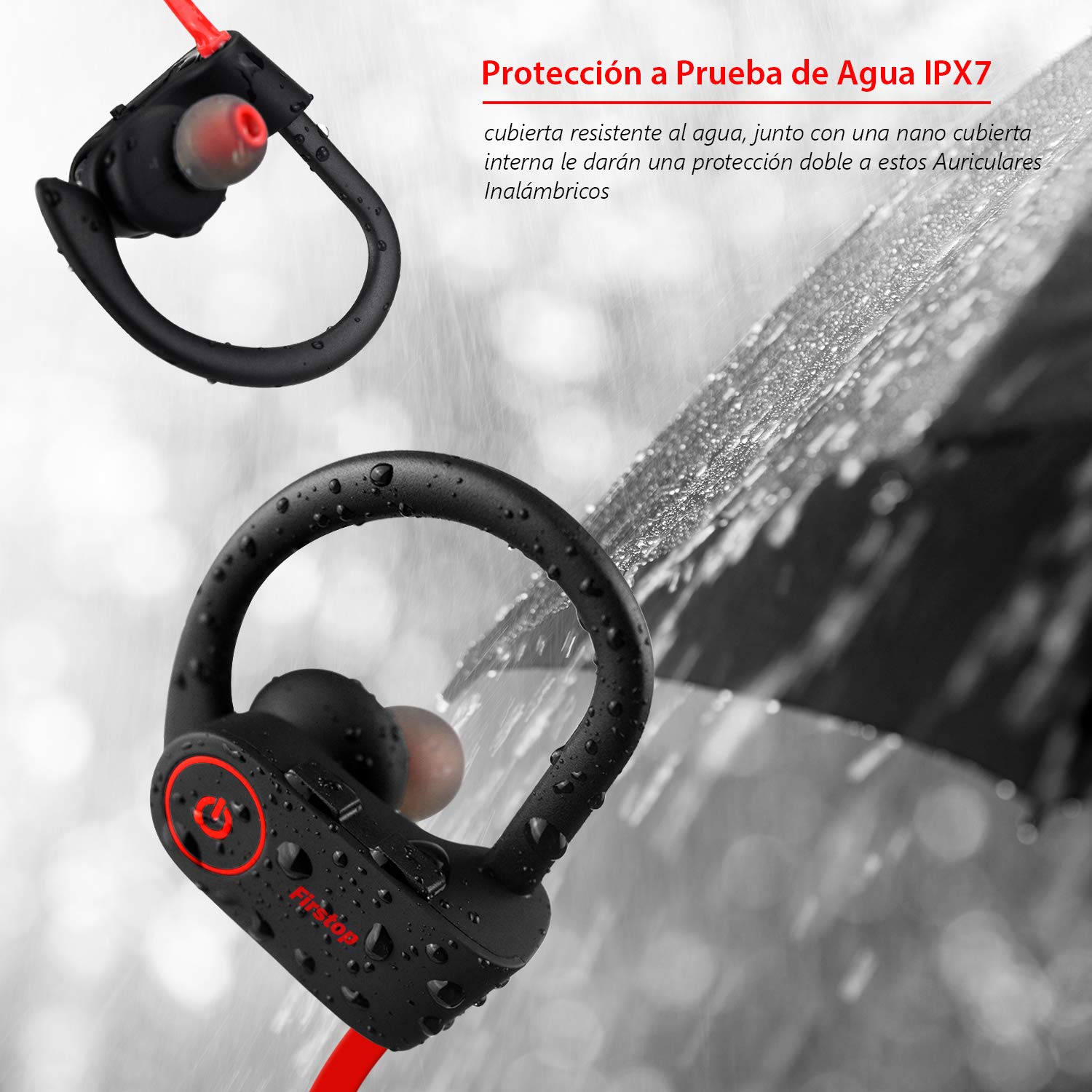 Firstop Auriculares Bluetooth, Audífonos Inalámbricos Impermeables IPX7, Auriculares con Reducción de Ruido y Ajuste Seguro para Deportes y Gimnasia, con Micrófono Incorporado(Rojo)