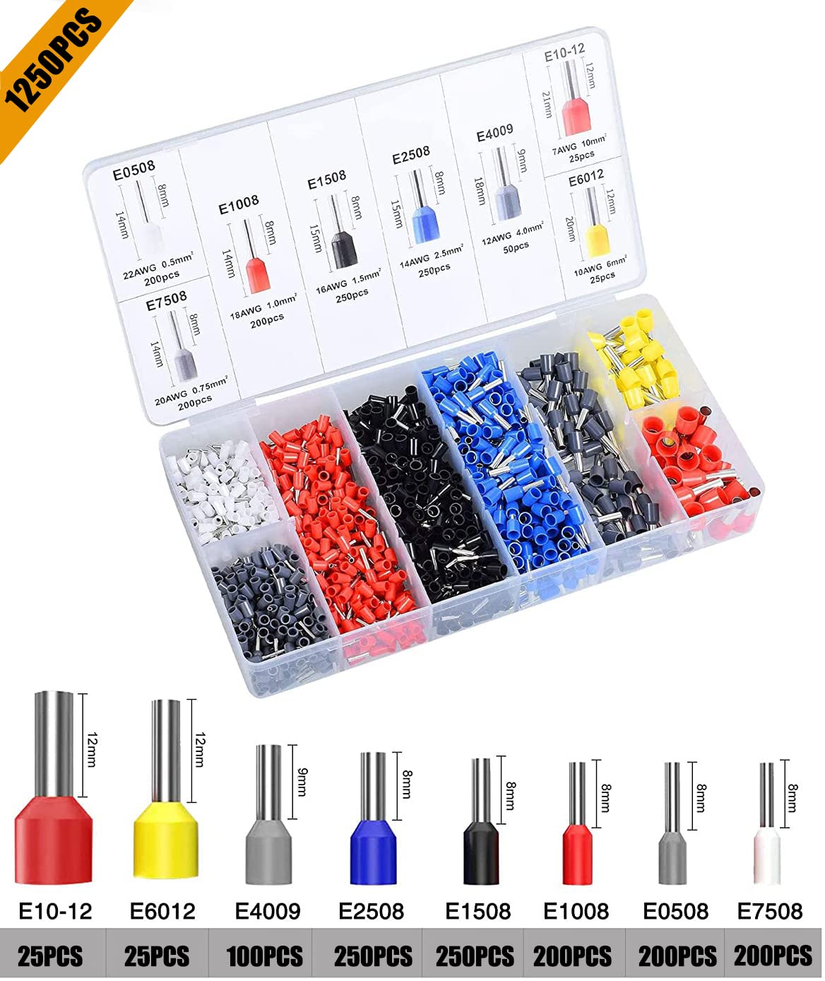 Kit de herramientas para prensar (AWG23-7) Juego de alicates para prensar Alicates de trinquete autoajustable Kit de herramientas para prensar cables con 1250 piezas de terminales de cables Conectores para prensar collares de extremos de cables Adecuado p