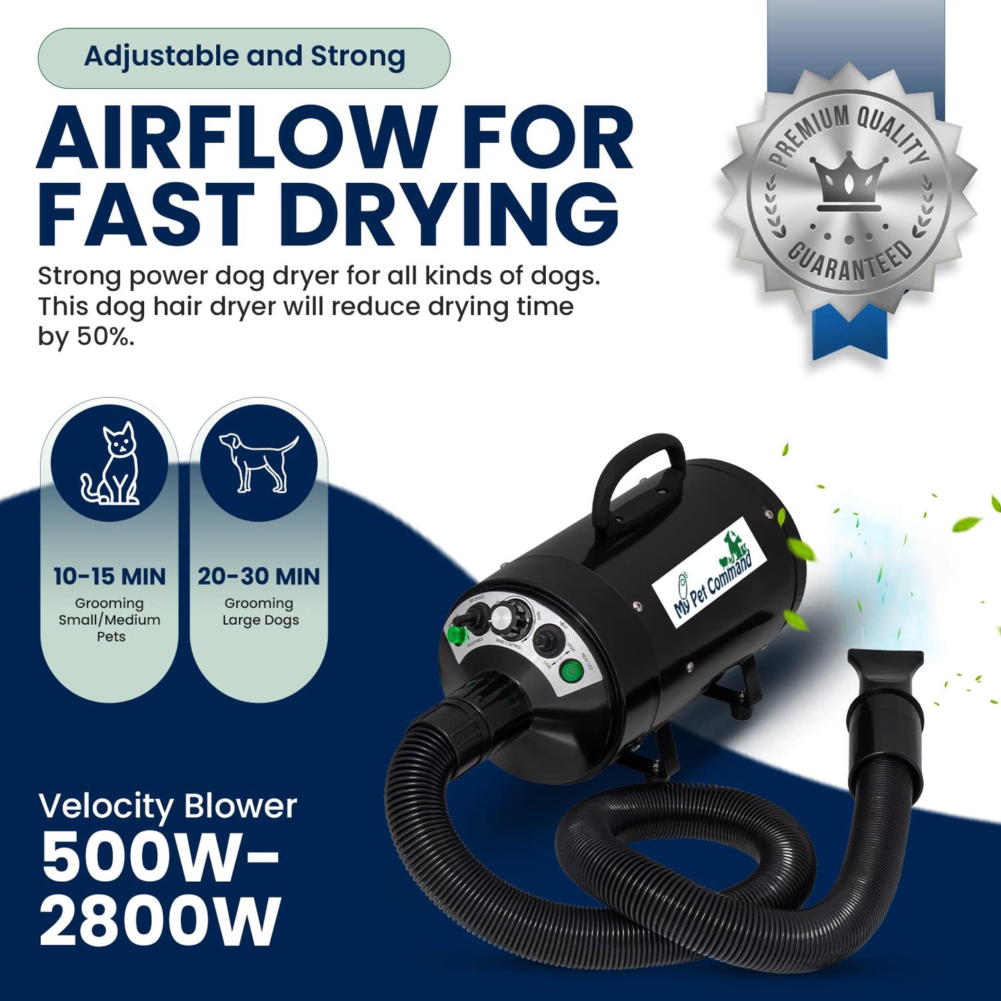 Secador de Pelo para Perros My Pet Command Alta Velocidad Ajustable con Cepillo de Aseo, 110 V 500 W-2800 W 4.5 CV, caliente y frío