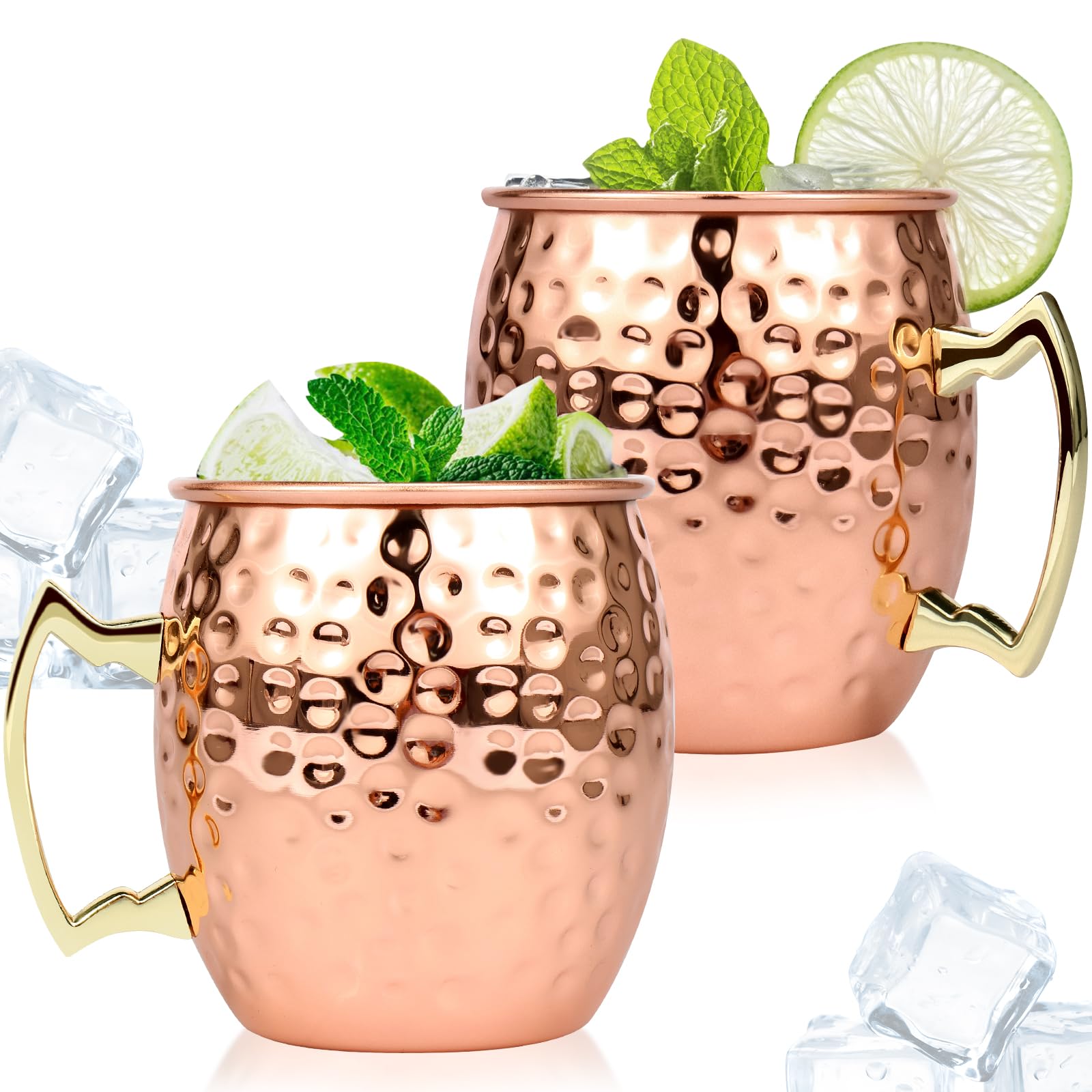 Juego de Tazas de Cobre Martillado KHZSPP 16 Onzas con Asas de Latón Dorado para Bebidas Frías