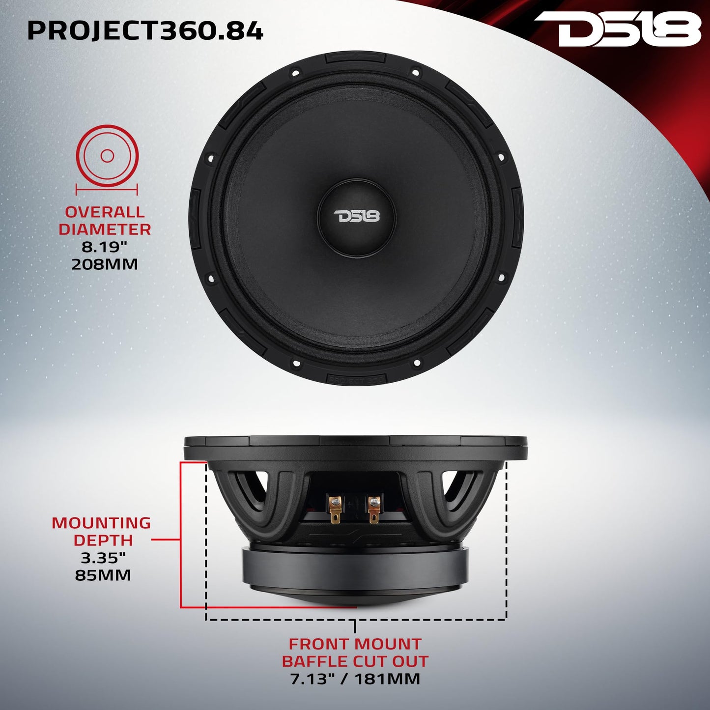 DS18 PROJECT360 Altavoz medio alto de alta sensibilidad de 8 pulgadas - 300 W RMS 4 ohmios - Diseño giratorio de Recone para una reparación rápida